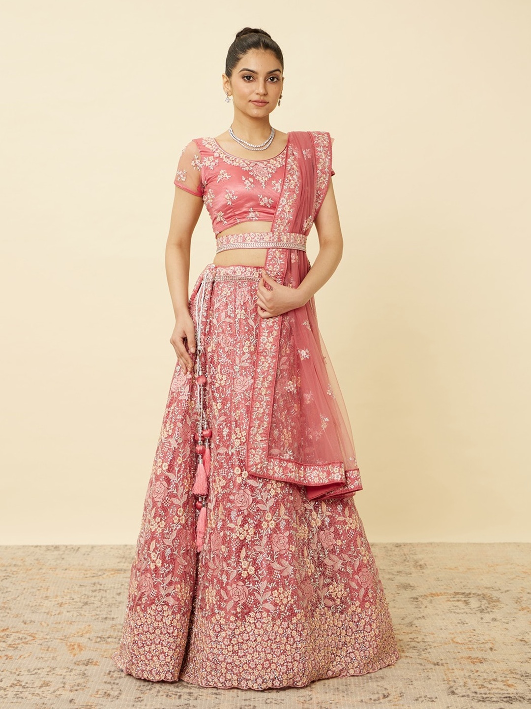 

MOHEY Embroidered Semi-Stitched Lehenga & Unstitched Blouse With Dupatta, Coral