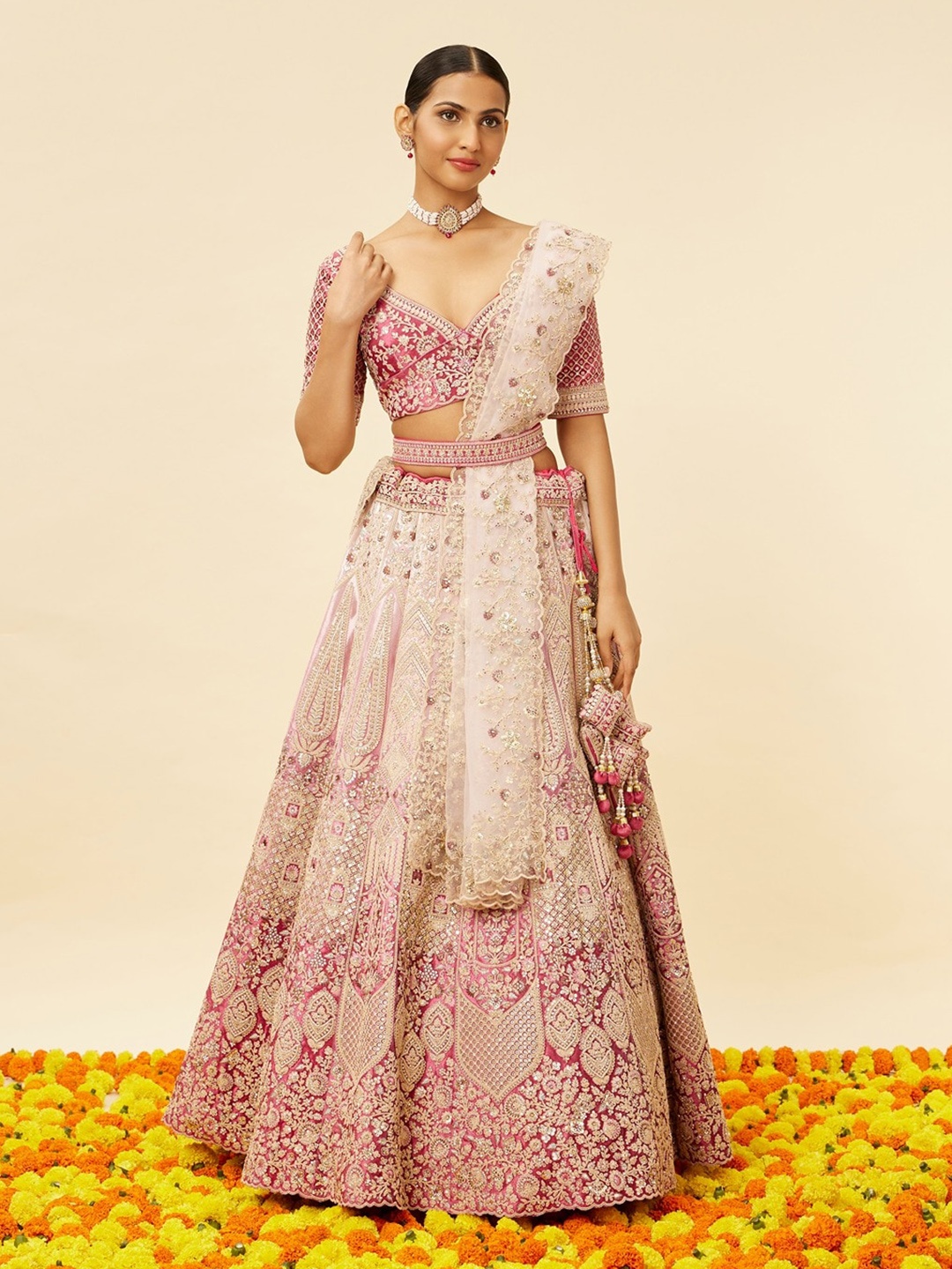 

MOHEY Embroidered Zari Velvet Semi-Stitched Lehenga & Unstitched Blouse With Dupatta, Coral