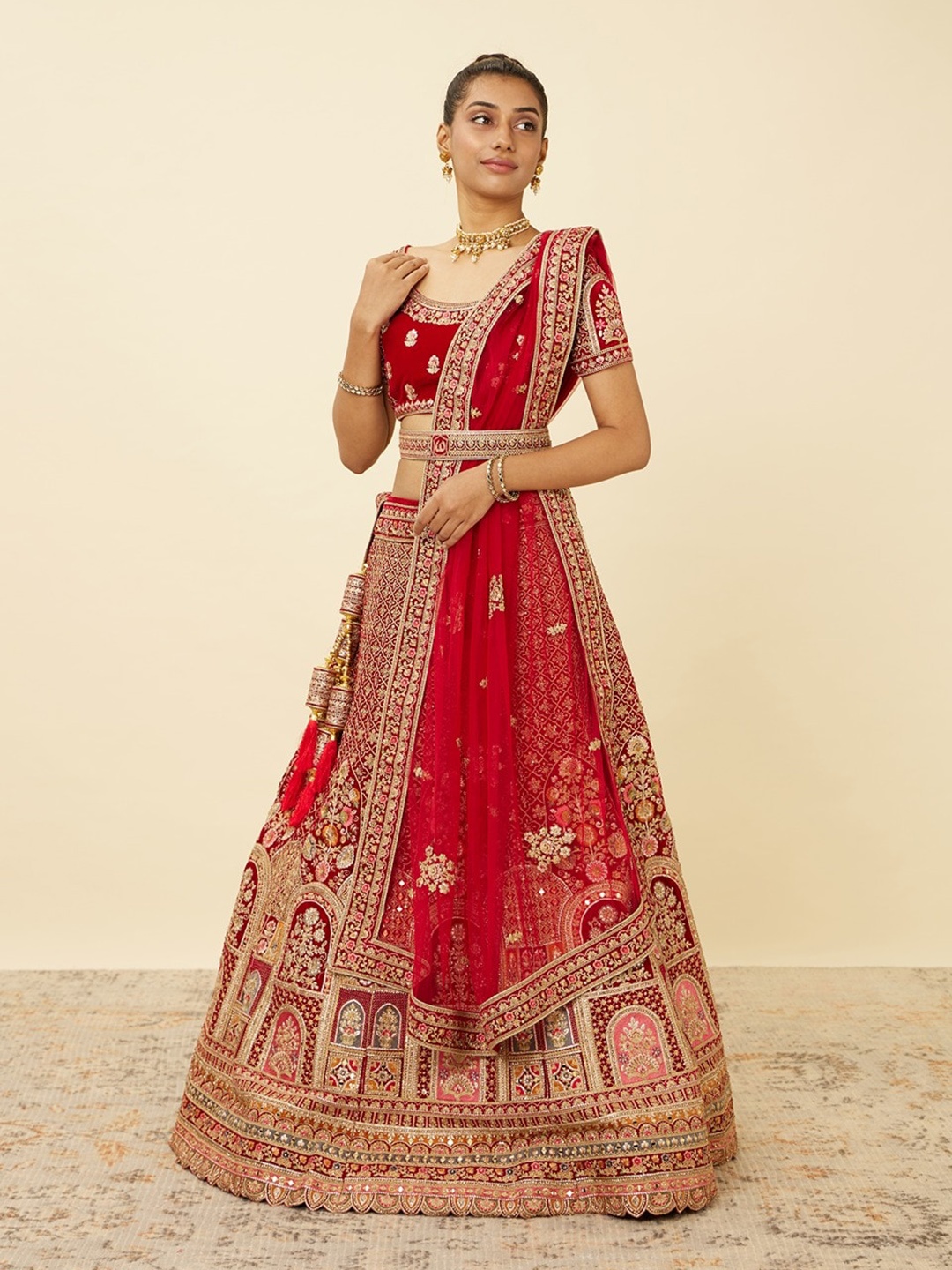 

MOHEY Embroidered Velvet Semi-Stitched Lehenga & Unstitched Blouse With Dupatta & Belt, Red