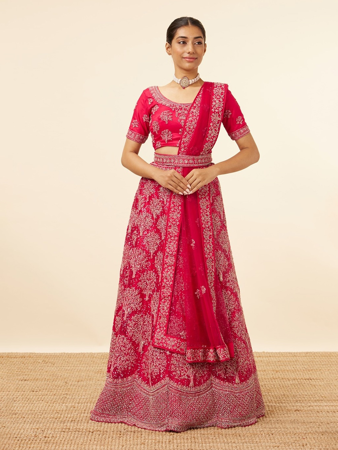 

MOHEY Embroidered Zari Net Semi-Stitched Lehenga & Unstitched Blouse With Dupatta & Belt, Pink