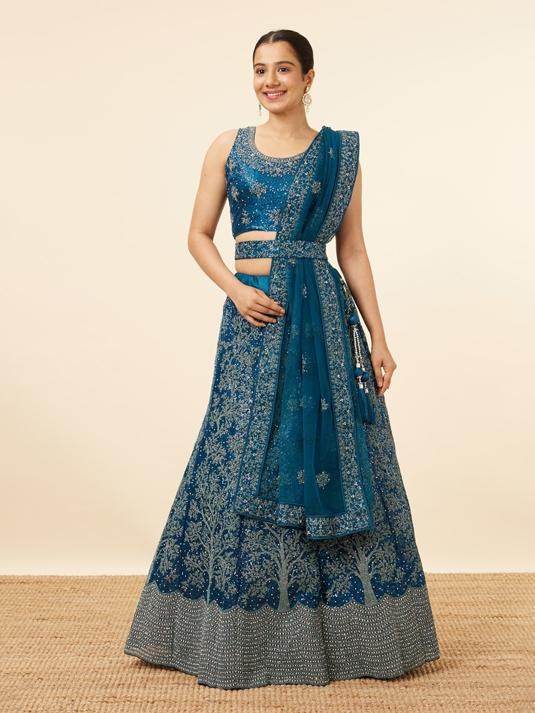 

MOHEY Embroidered Thread Work Semi-Stitched Lehenga & Unstitched Blouse With Dupatta, Blue