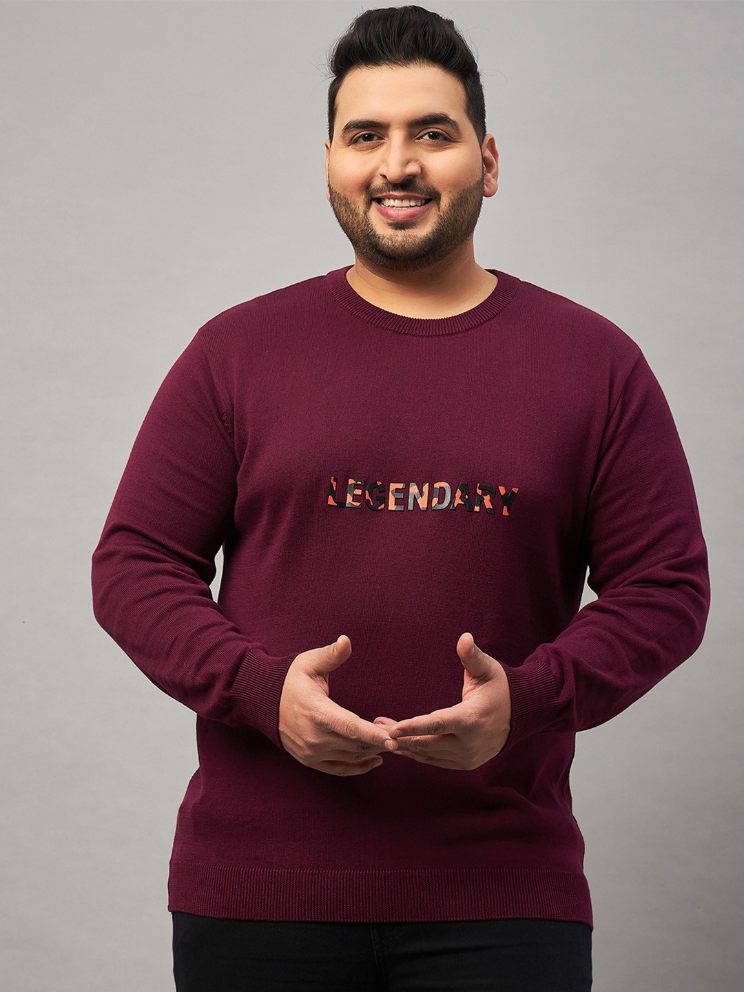 

Club York Plus Size Typography Printed Long Sleeves Acrylic Pullover Sweater, Burgundy