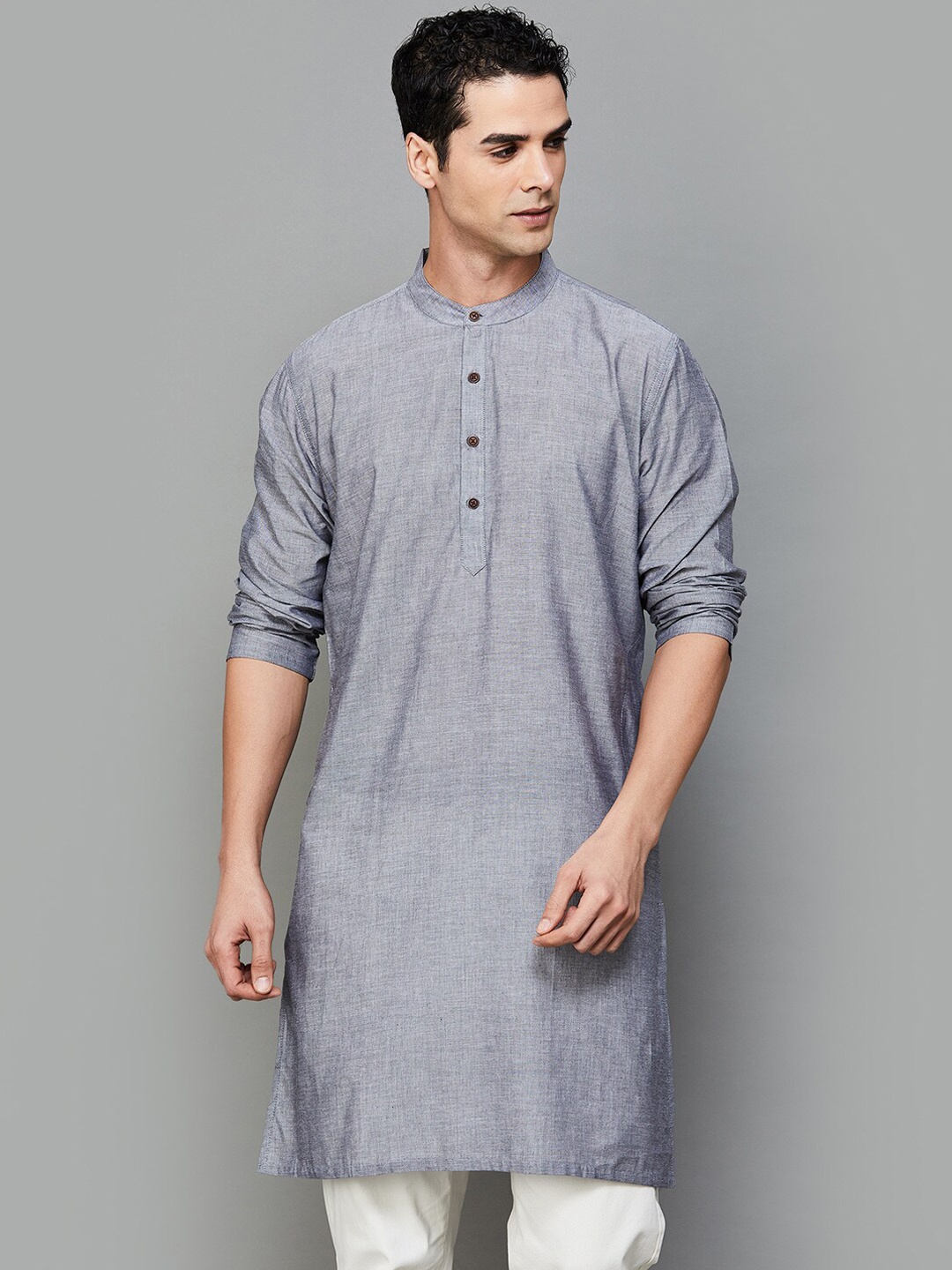 

Melange by Lifestyle Mandarin Collar Long Sleeves Cotton Kurta, Black
