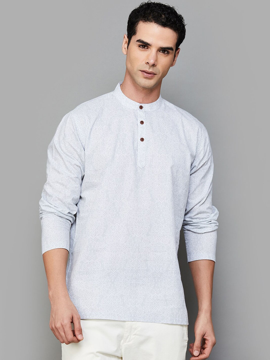 

Melange by Lifestyle Mandarin Collar Long Sleeves Cotton Kurta, Grey