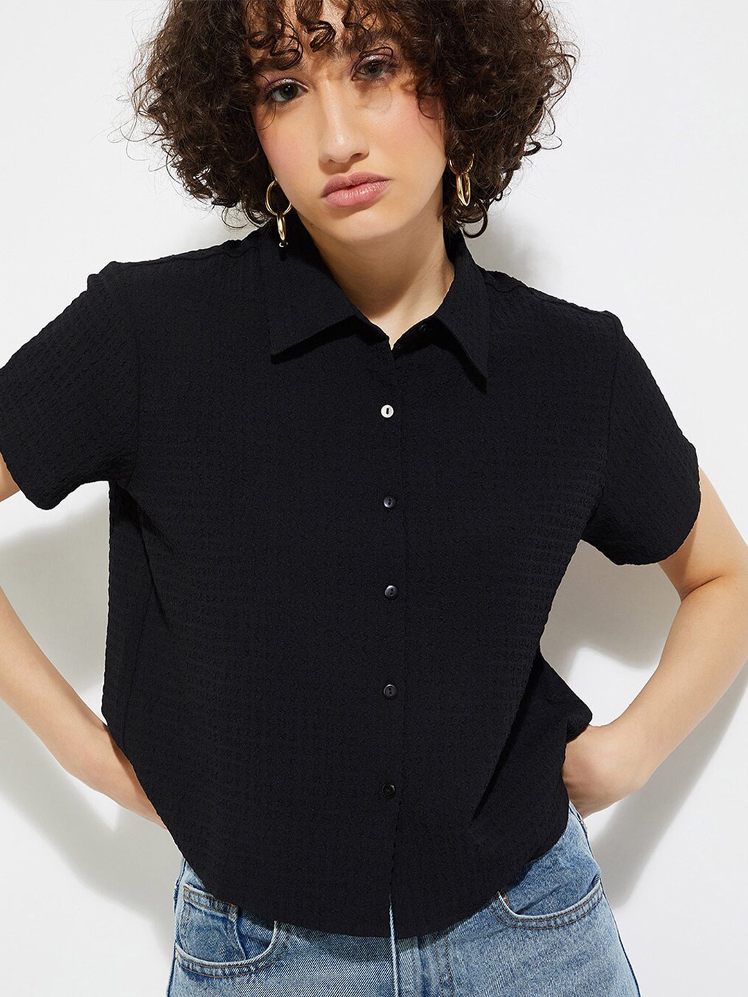 

max URB_N Micro Ditsy Checked Standard Spread Collar Short Sleeves Casual Shirt, Black