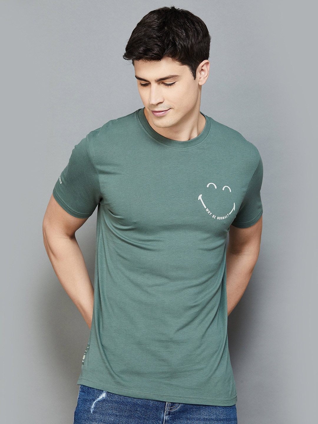 SmileyWorld Graphic Printed Round Neck Cotton T-shirt, Olive
