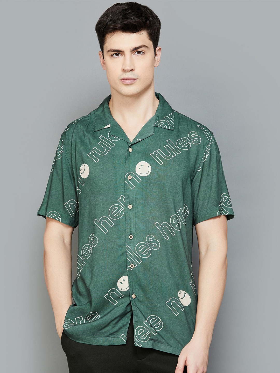 

SmileyWorld Typography Printed Lapel Collar Opaque Casual Shirt, Green