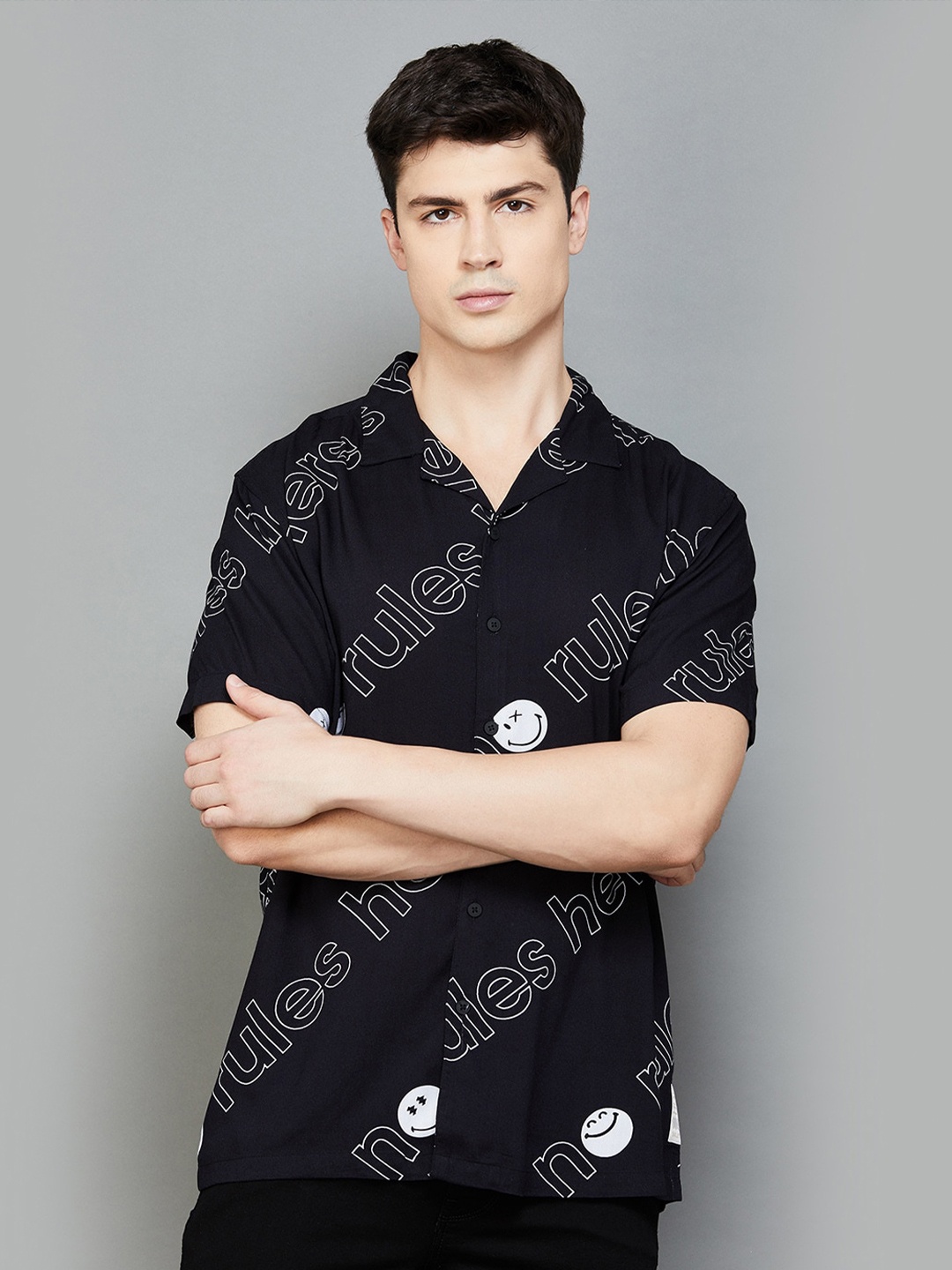 

SmileyWorld Typography Printed Lapel Collar Opaque Casual Shirt, Black