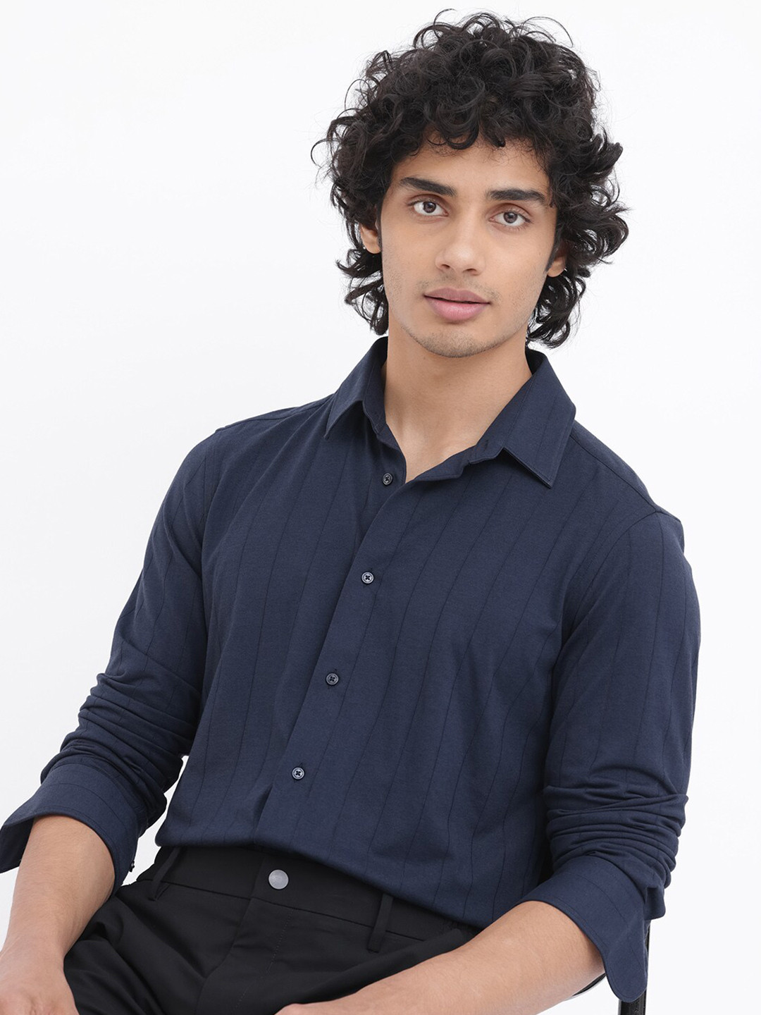

RARE RABBIT Men Vert Slim Fit Striped Cotton Shirt, Navy blue