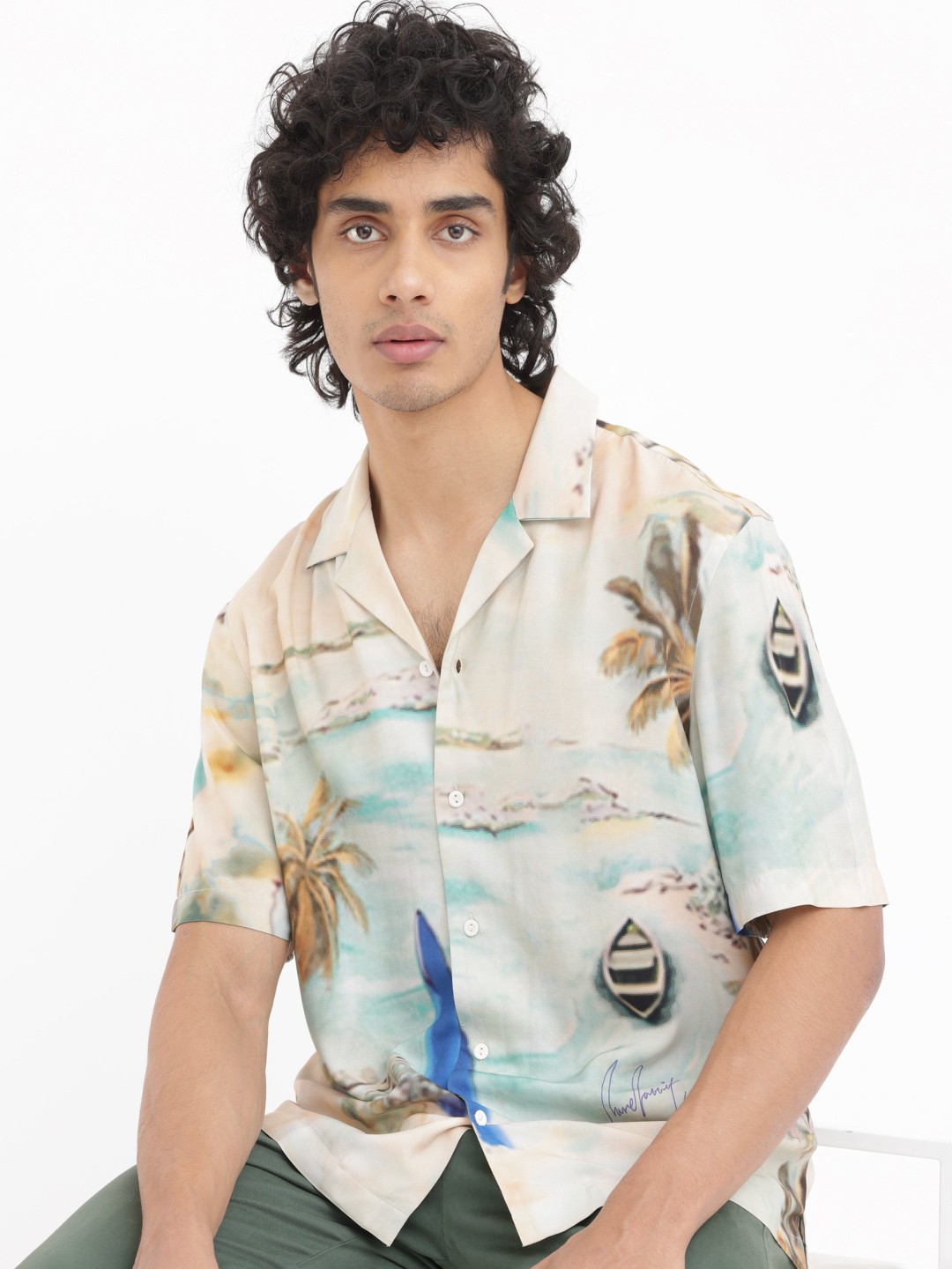 

RARE RABBIT Men Surfer Graphic Printed Lapel Collar Slim Fit Opaque Shirt, Beige