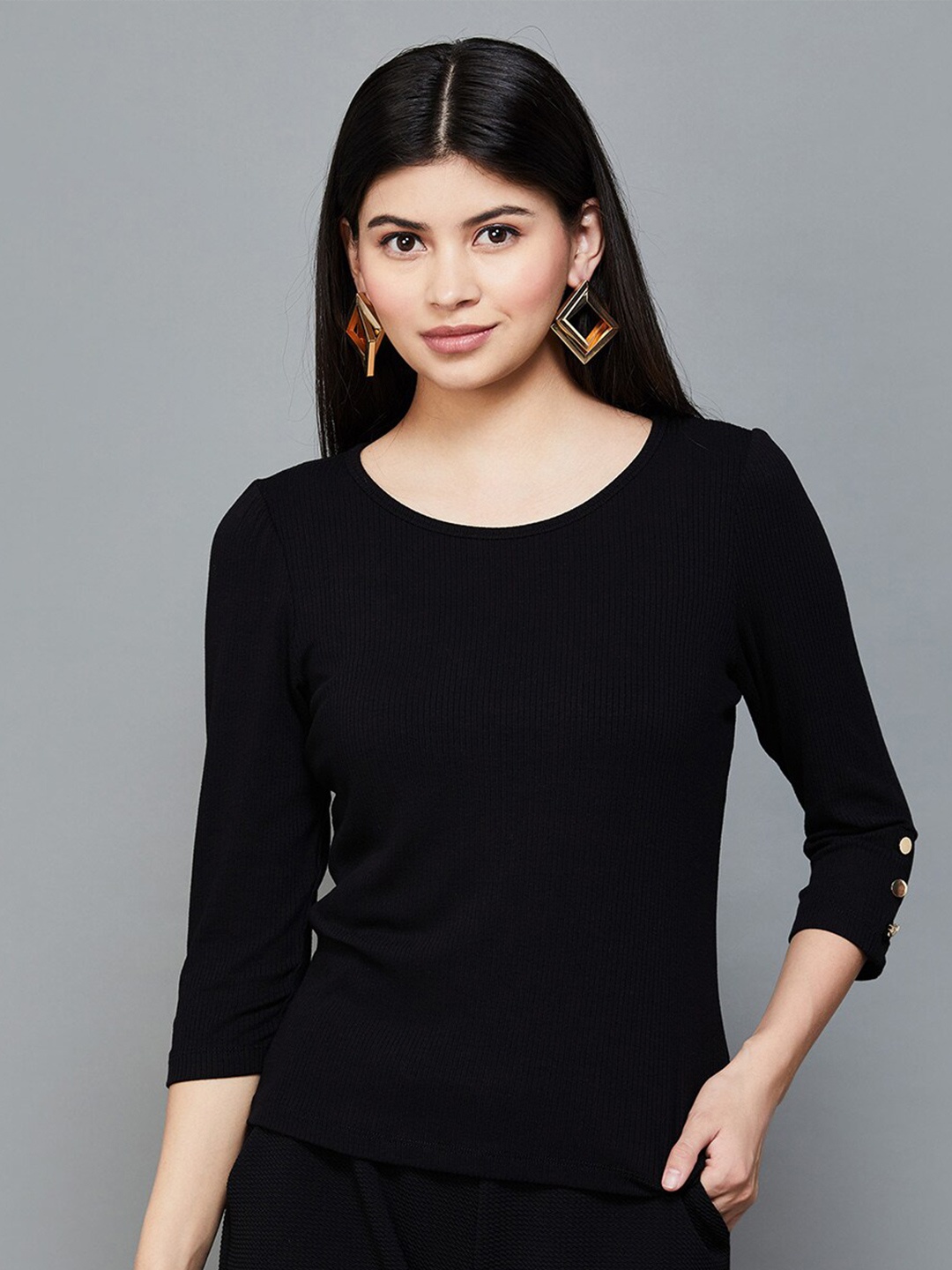 

CODE by Lifestyle Three-Quarter Sleeves Round Neck Knitted Top, Black