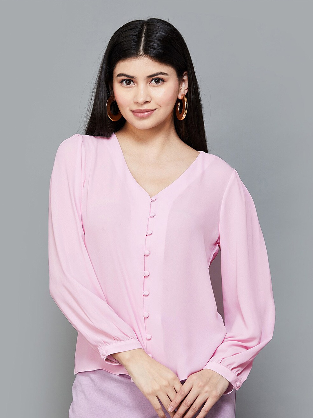 

CODE by Lifestyle Cuffed Sleeves V-Neck Shirt Style Top, Pink