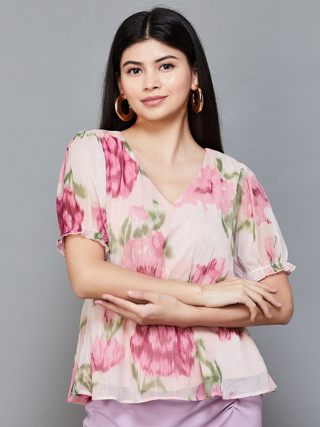 

CODE by Lifestyle Floral Printed Puff Sleeve Wrap Top, Beige