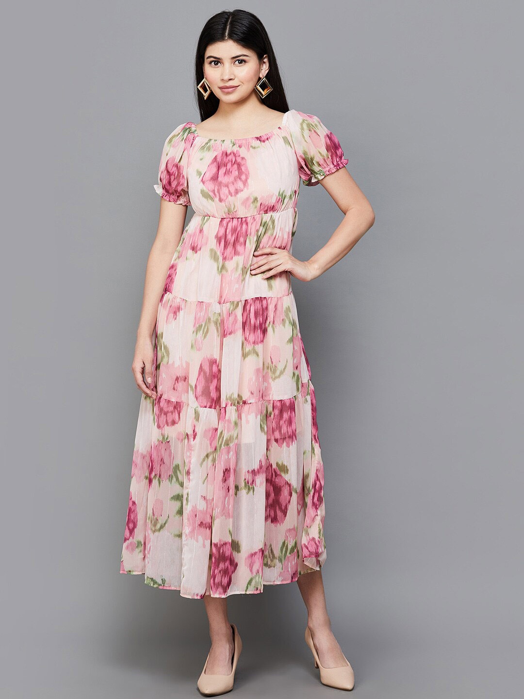 

CODE by Lifestyle Floral Printed Puff Sleeve Fit & Flare Midi Dress, Beige