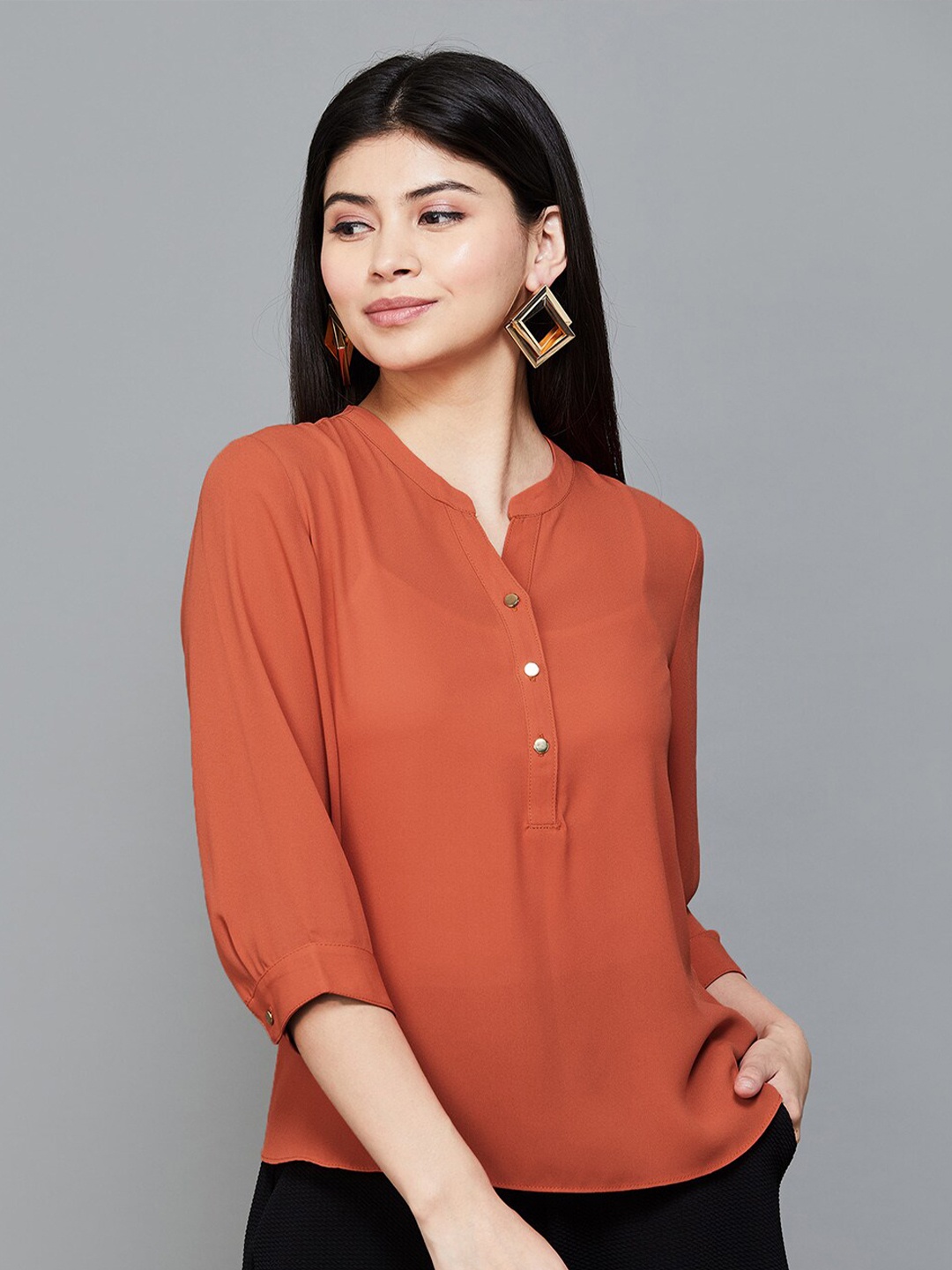 

CODE by Lifestyle Three-Quarter Sleeves Mandarin Collar Styled Back Top, Rust