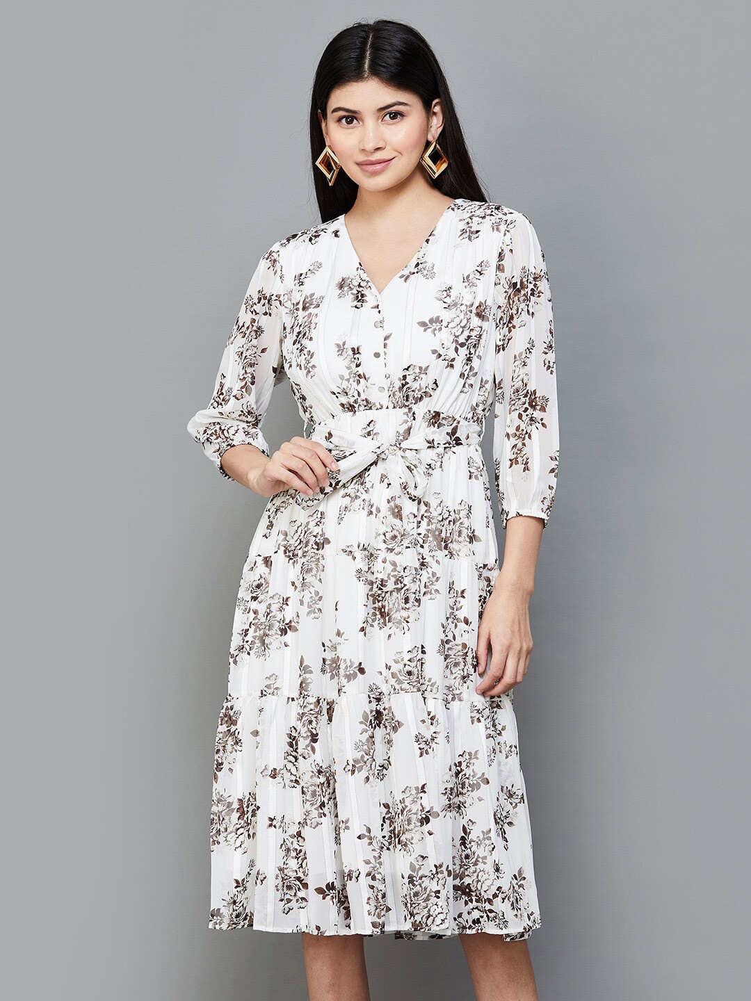 

CODE by Lifestyle Floral Printed Tiered Tie Up Fit & Flare Midi Dress, White