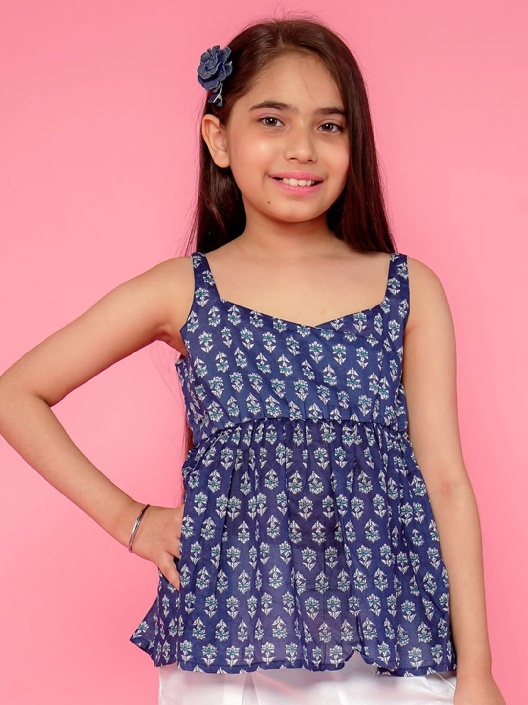 

BAESD Floral Print Shoulder Straps Cotton Peplum Top, Blue