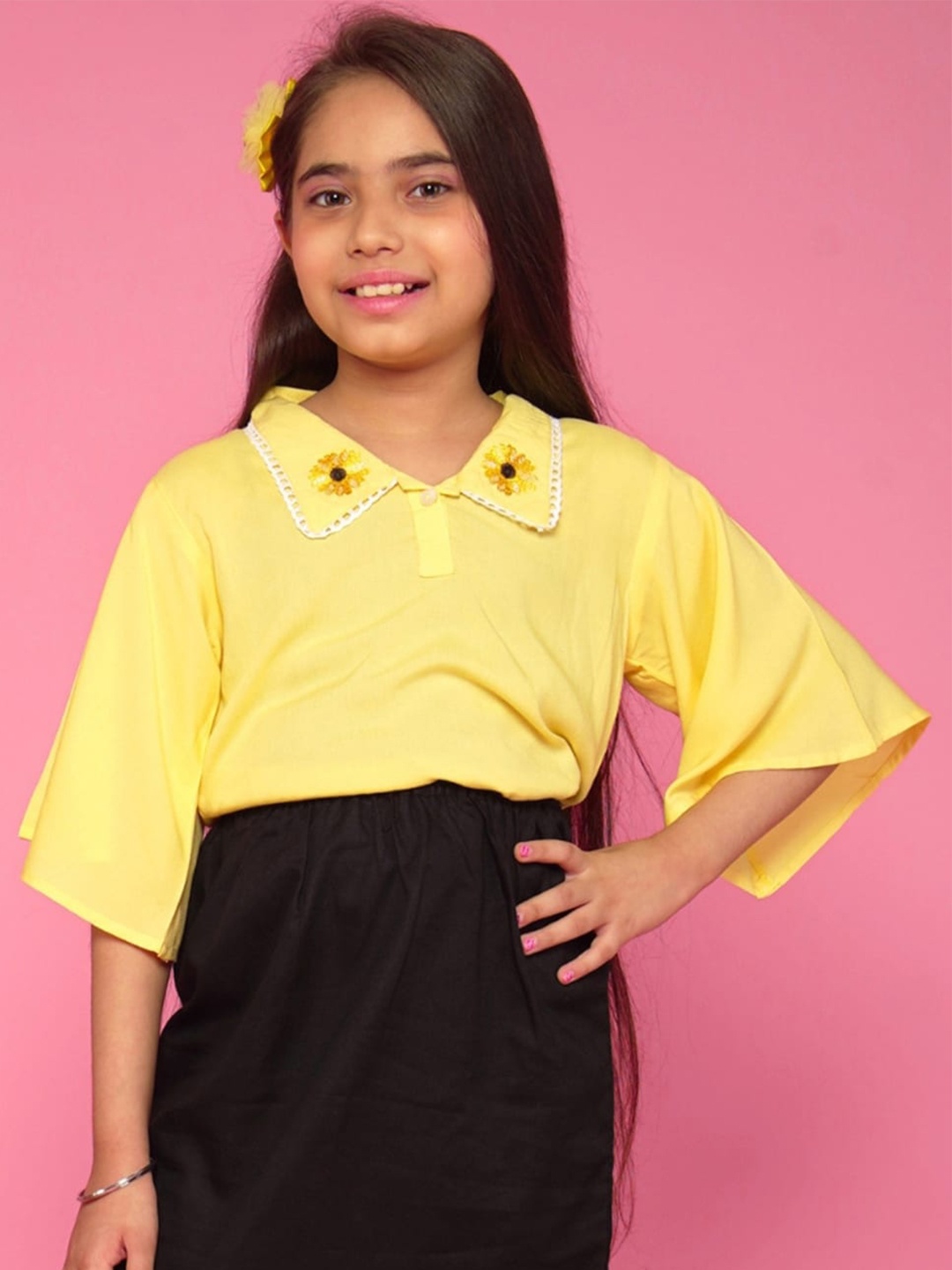 

BAESD Kids-Girls Gardinia Cotton Peter Pan Collar Flared Sleeve Opaque Top, Yellow