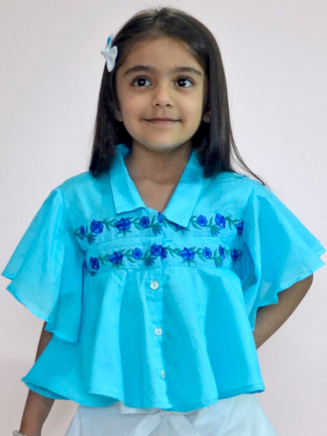 

BAESD Girls Floral Embroidered Shirt Collar Flutter Sleeve Cotton Peplum Top, Blue