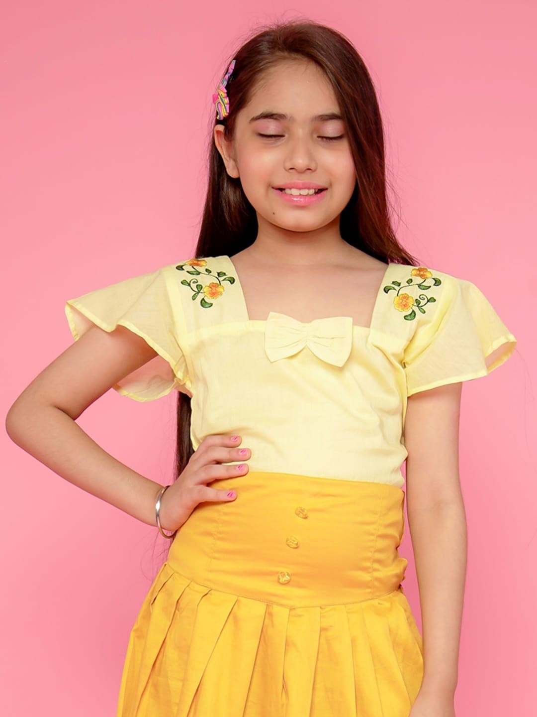 

BAESD Kids-Girls Gardenia Cotton Square Neck Flutter Sleeve Opaque Crop Top, Yellow