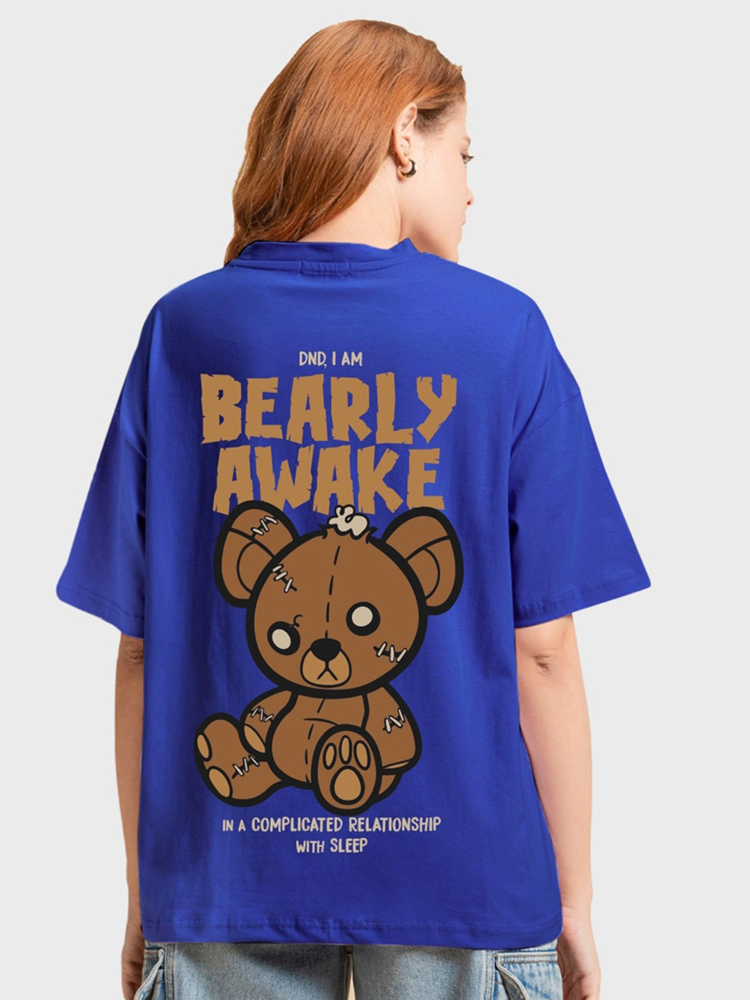 

Bewakoof Blue Bearly Awake Graphic Printed Round Neck Cotton Oversized T-shirt