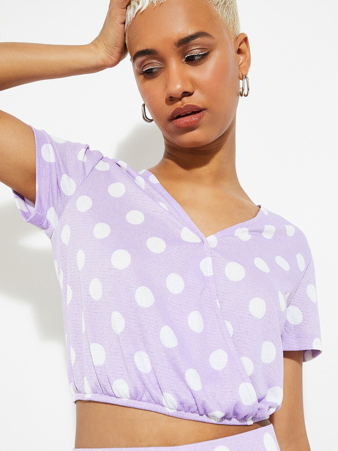 

max URB_N Polka Dot Printed V-Neck Short Sleeves Wrap Crop Top, Lavender