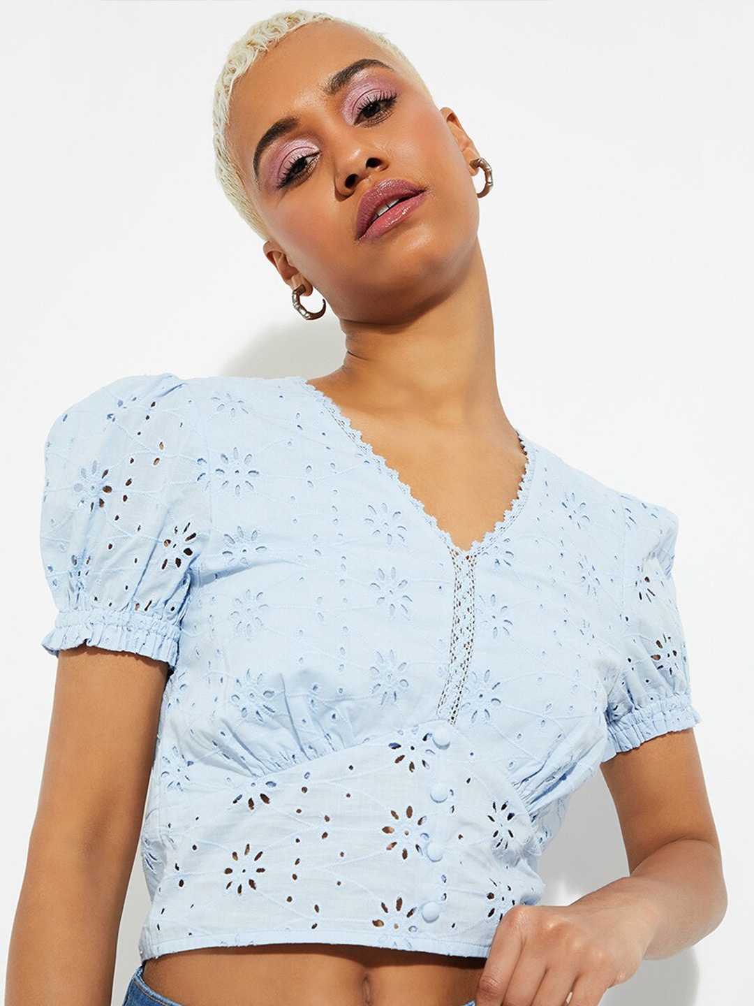 

max URB_N Floral Self Design Puff Sleeves Cotton Top, Blue