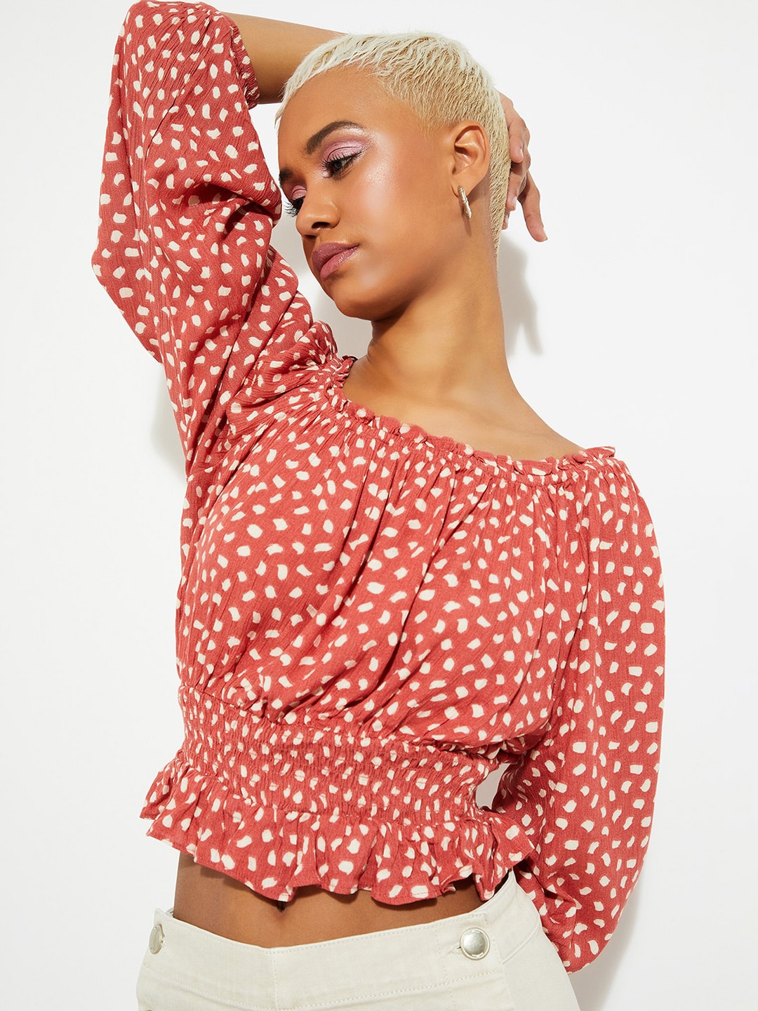

max URB_N Floral Print Off Shoulder Puff Sleeve Cinched Waist Crop Top, Coral
