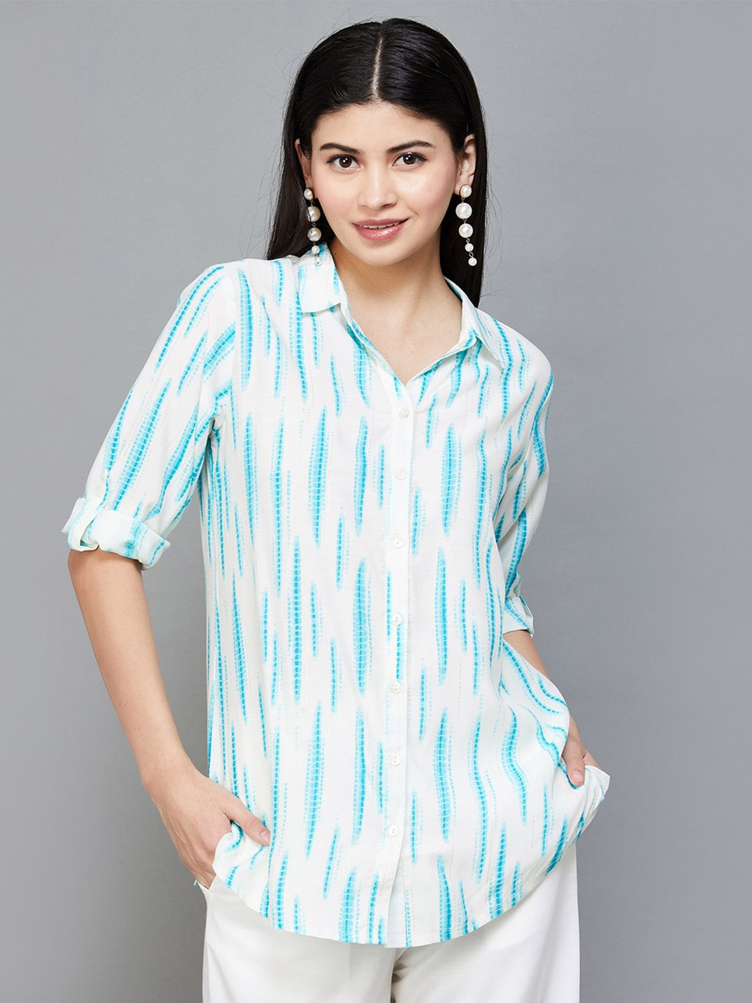 

Melange by Lifestyle Leheriya Dyed Shirt Collar Kurti, Blue