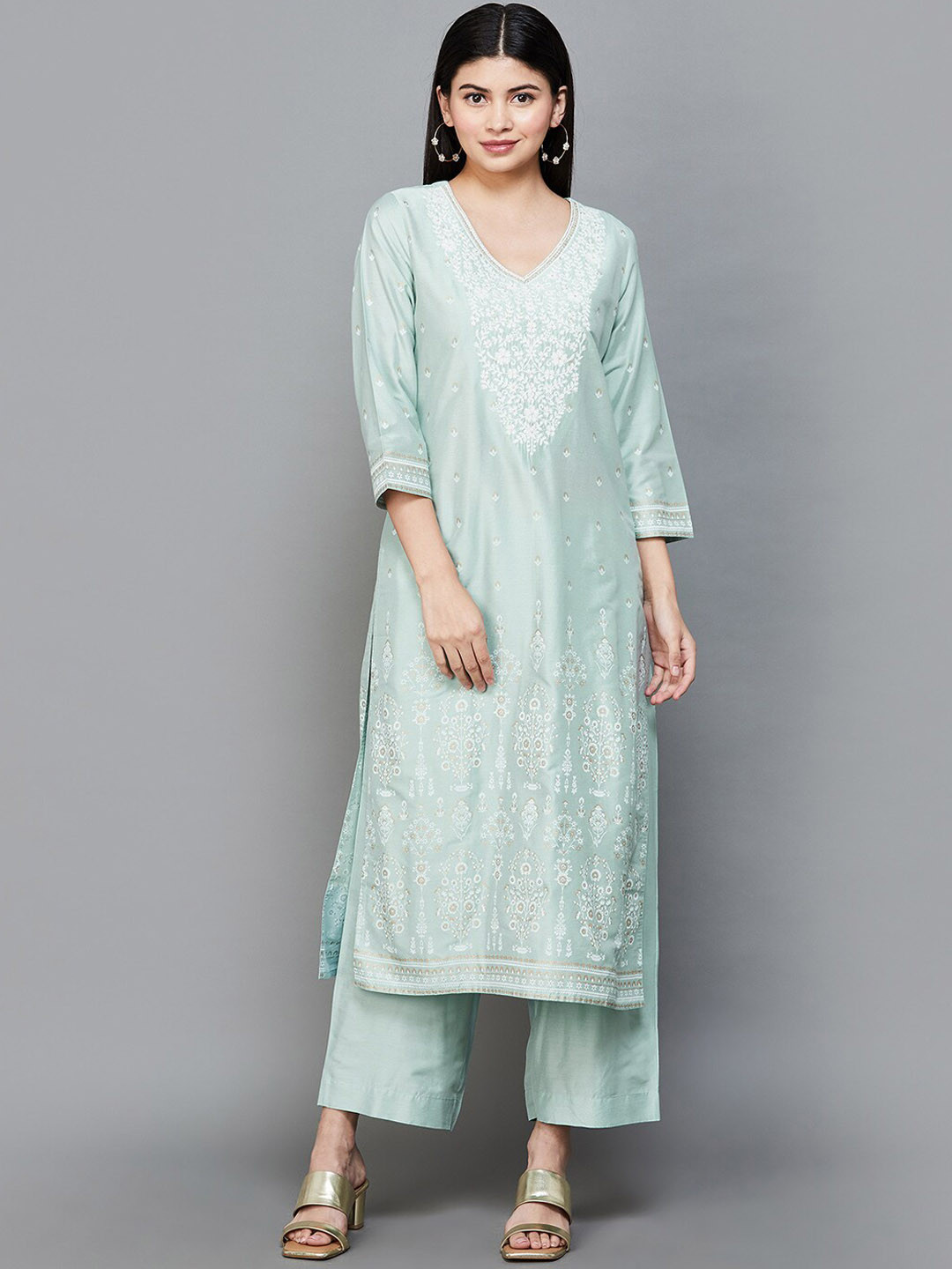 

Melange by Lifestyle Ethnic Motifs Printed Thread Work Kurta with Trousers & Dupatta, Blue