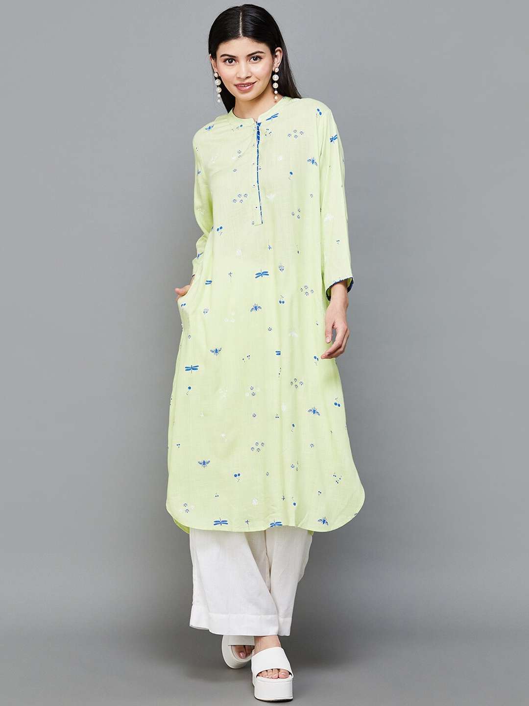 

Melange by Lifestyle Printed Band Collar Long Sleeves Kurta, Yellow