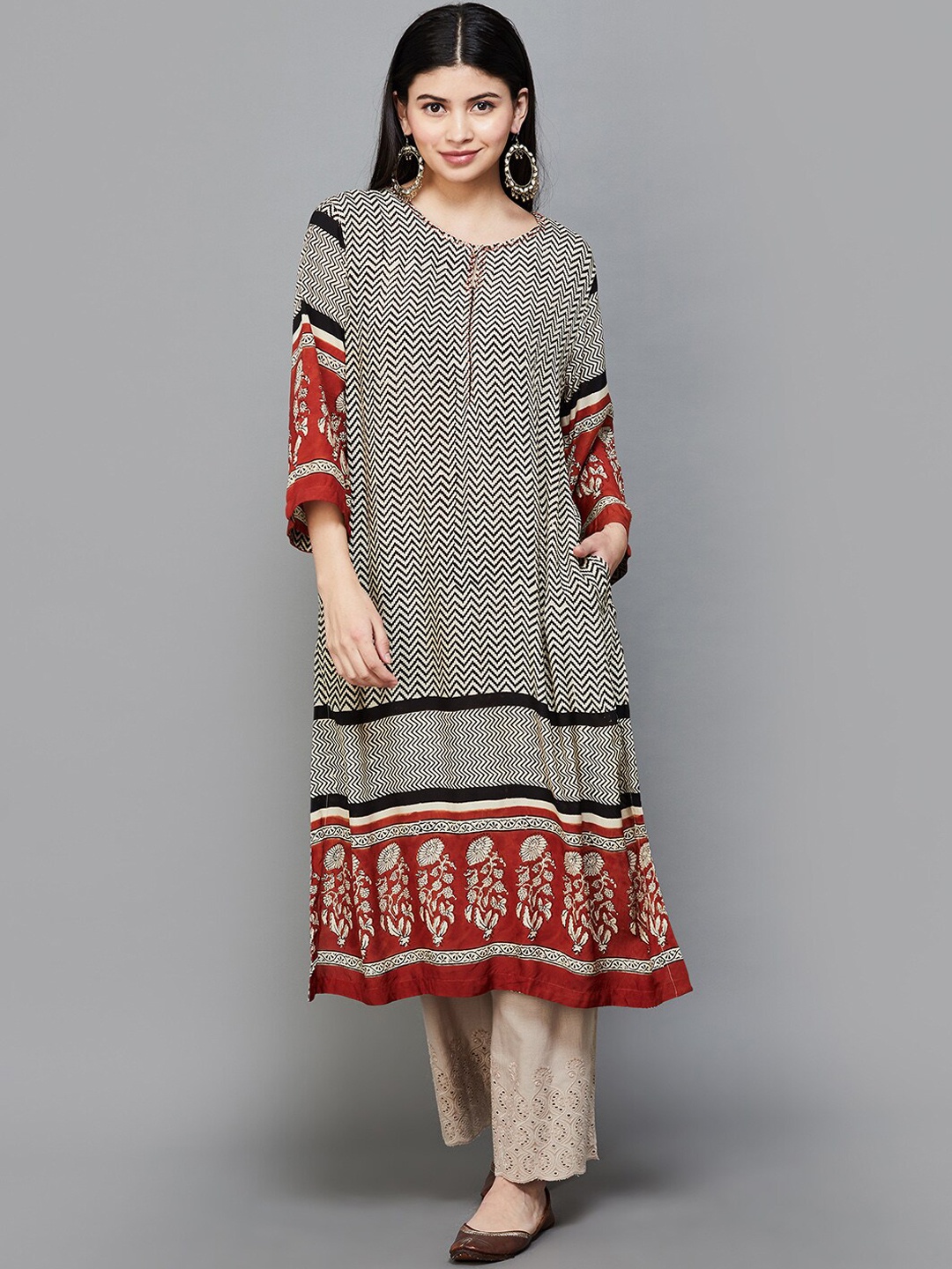 

Melange by Lifestyle Geometric Printed A-Line Kurta, Beige