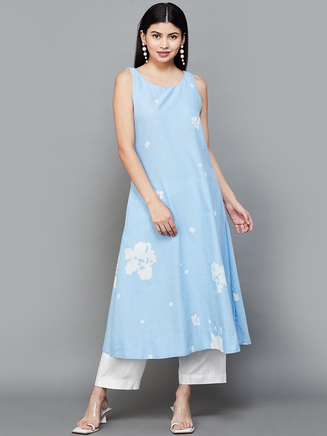 

Melange by Lifestyle Printed Round Neck Sleeveless Cotton Kurta, Blue