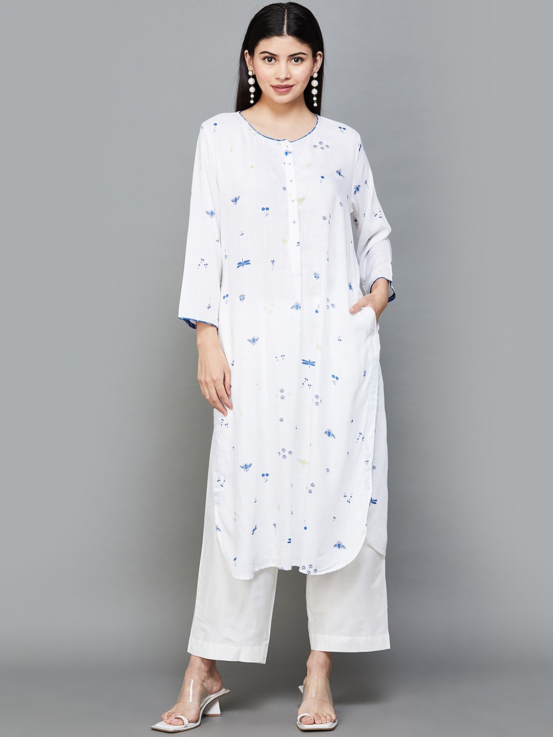 

Melange by Lifestyle Abstract Printed Round Neck Three Quarter sleeves Kurta, White