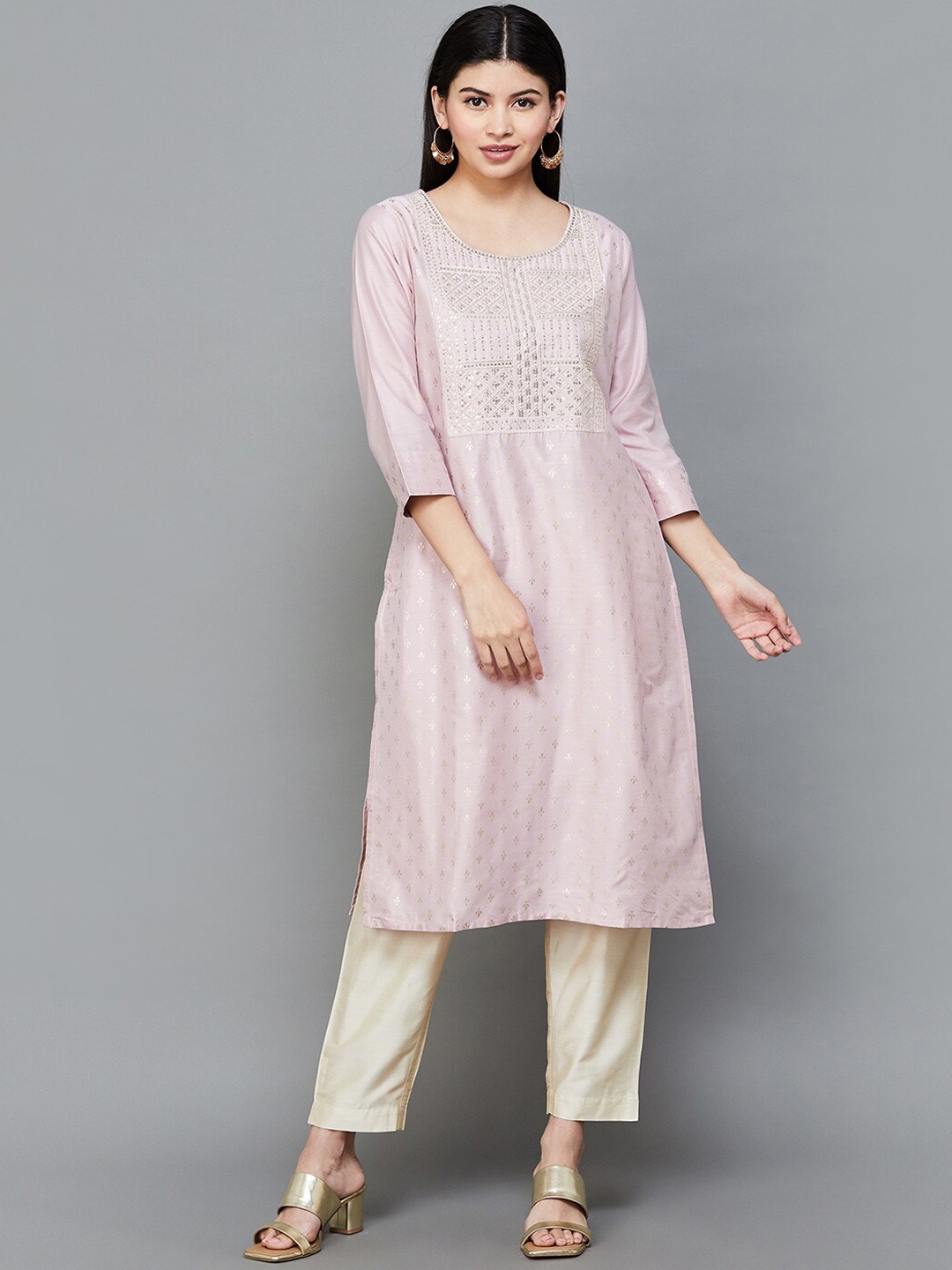 

Melange by Lifestyle Round Neck Ethnic Printed Sequined Gotta Patti Kurta, Purple