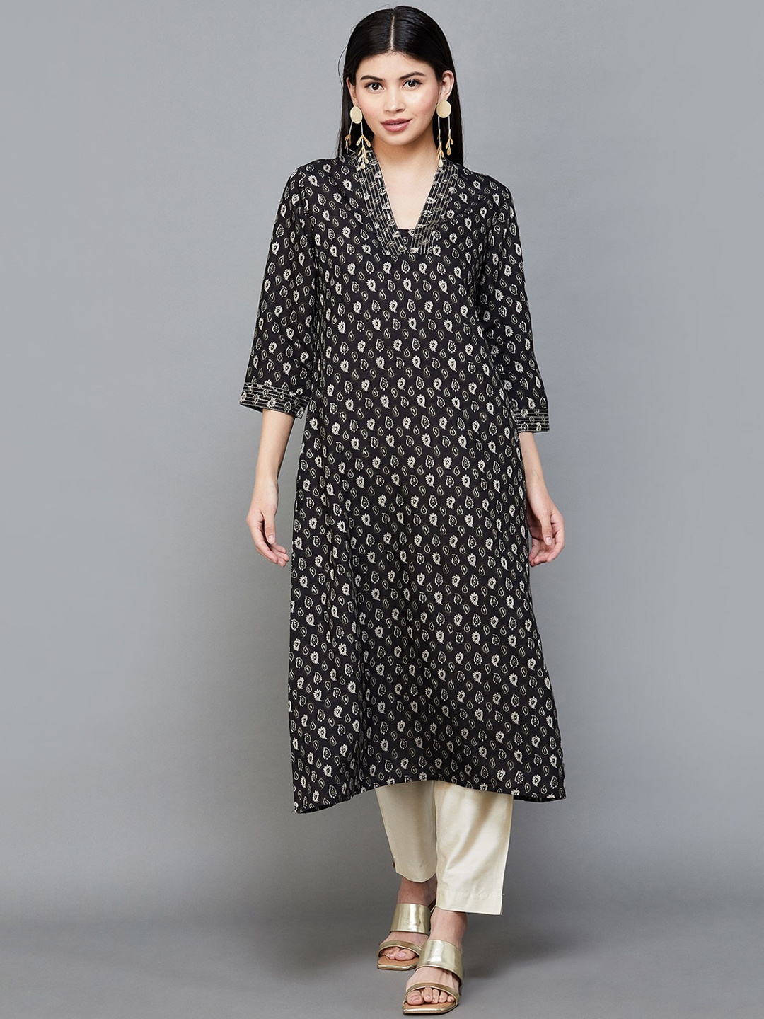 

Melange by Lifestyle V Neck Ethnic Printed Thread Work Straight Kurta, Black