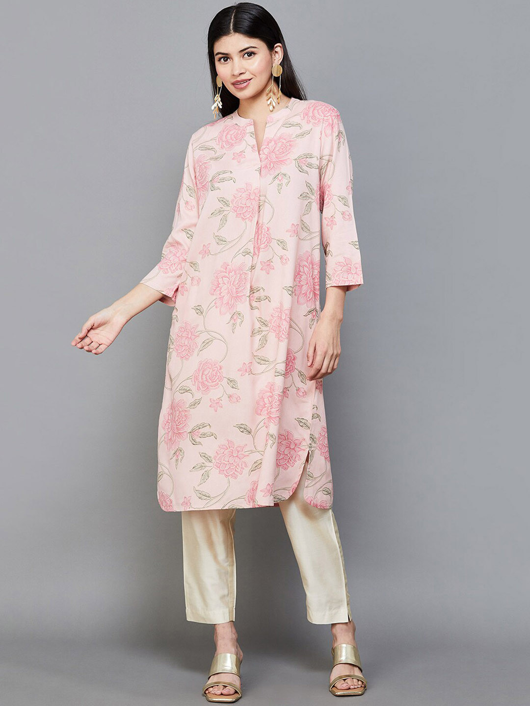 

Melange by Lifestyle Mandarin Collar Floral Printed A Line Kurta, Pink