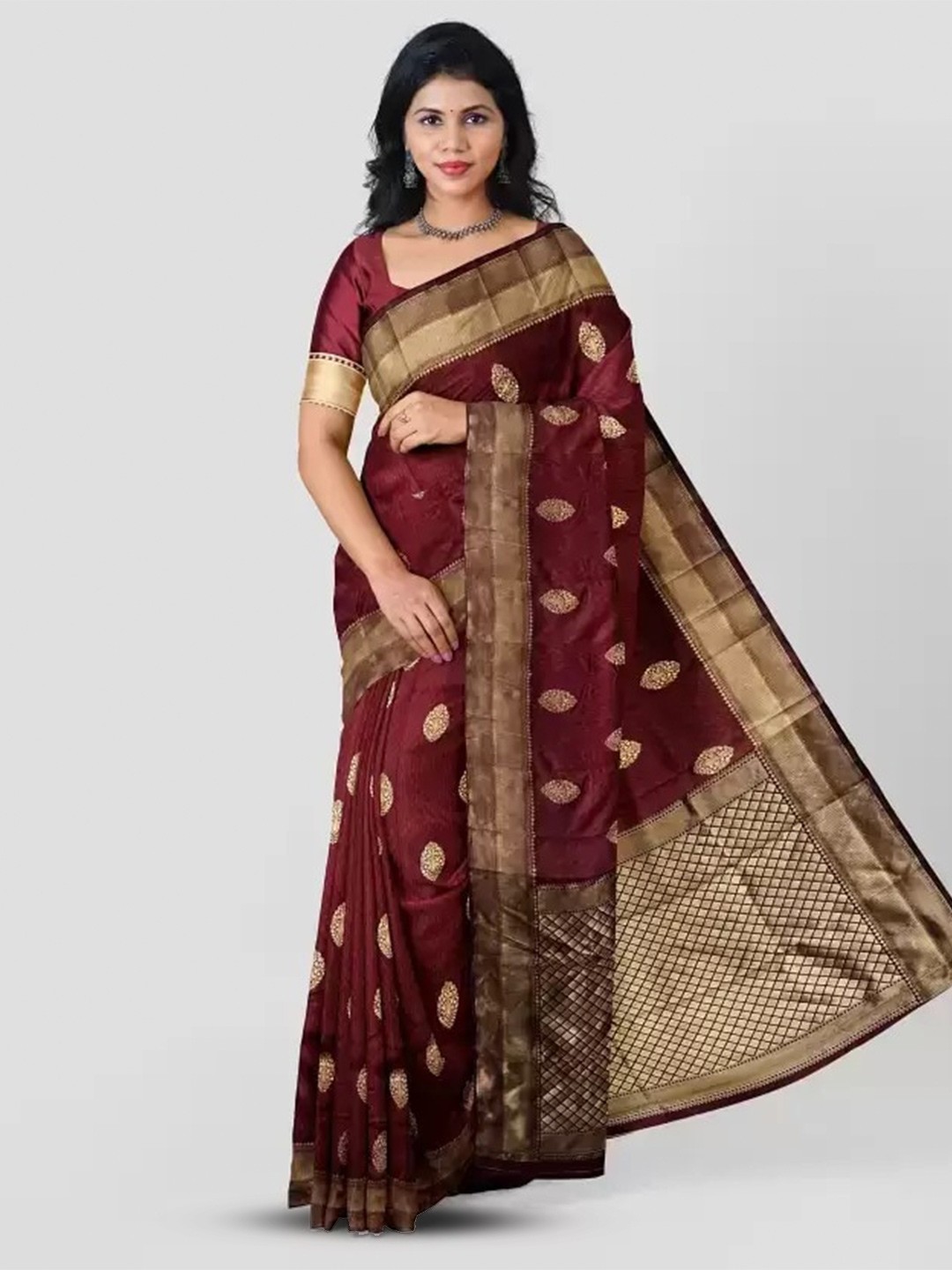 

KALINI Ethnic Motifs Woven Design Zari Kanjeevaram Saree, Brown