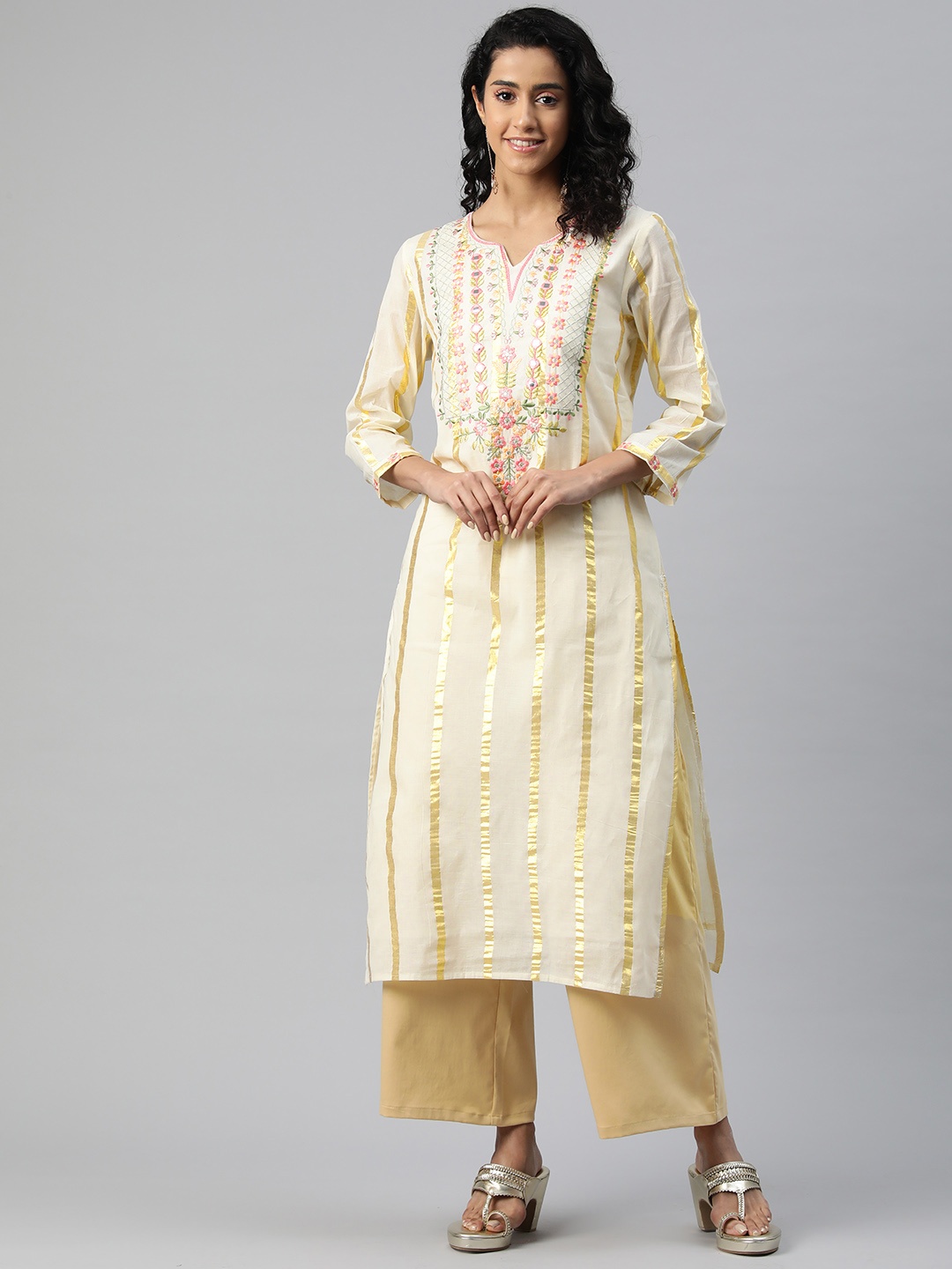 Readiprint Striped Embroidered Thread Work Pure Cotton Kurta, Off white