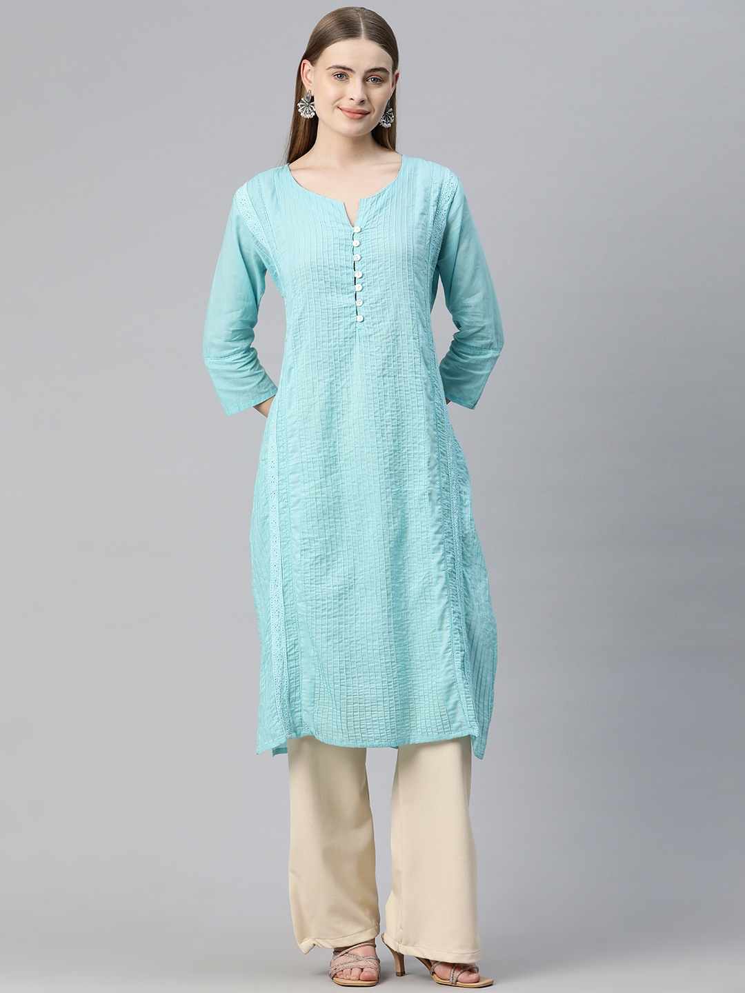 

Readiprint Panelled Thread Work Pure Cotton Kurta, Turquoise blue