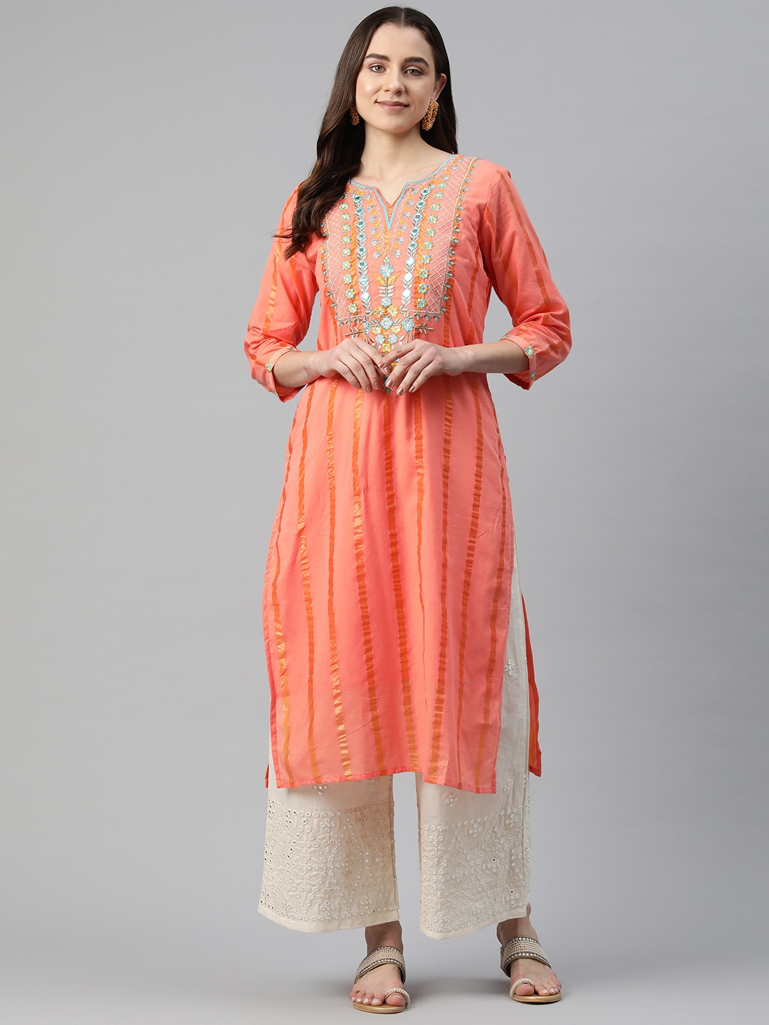 

Readiprint Fashions Striped Embroidered Thread Work Pure Cotton Kurta, Orange