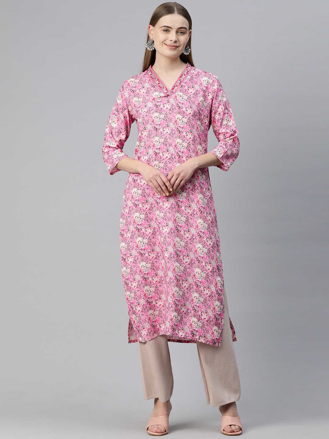

Readiprint Floral Printed Thread Work Pure Silk Kurta, Pink