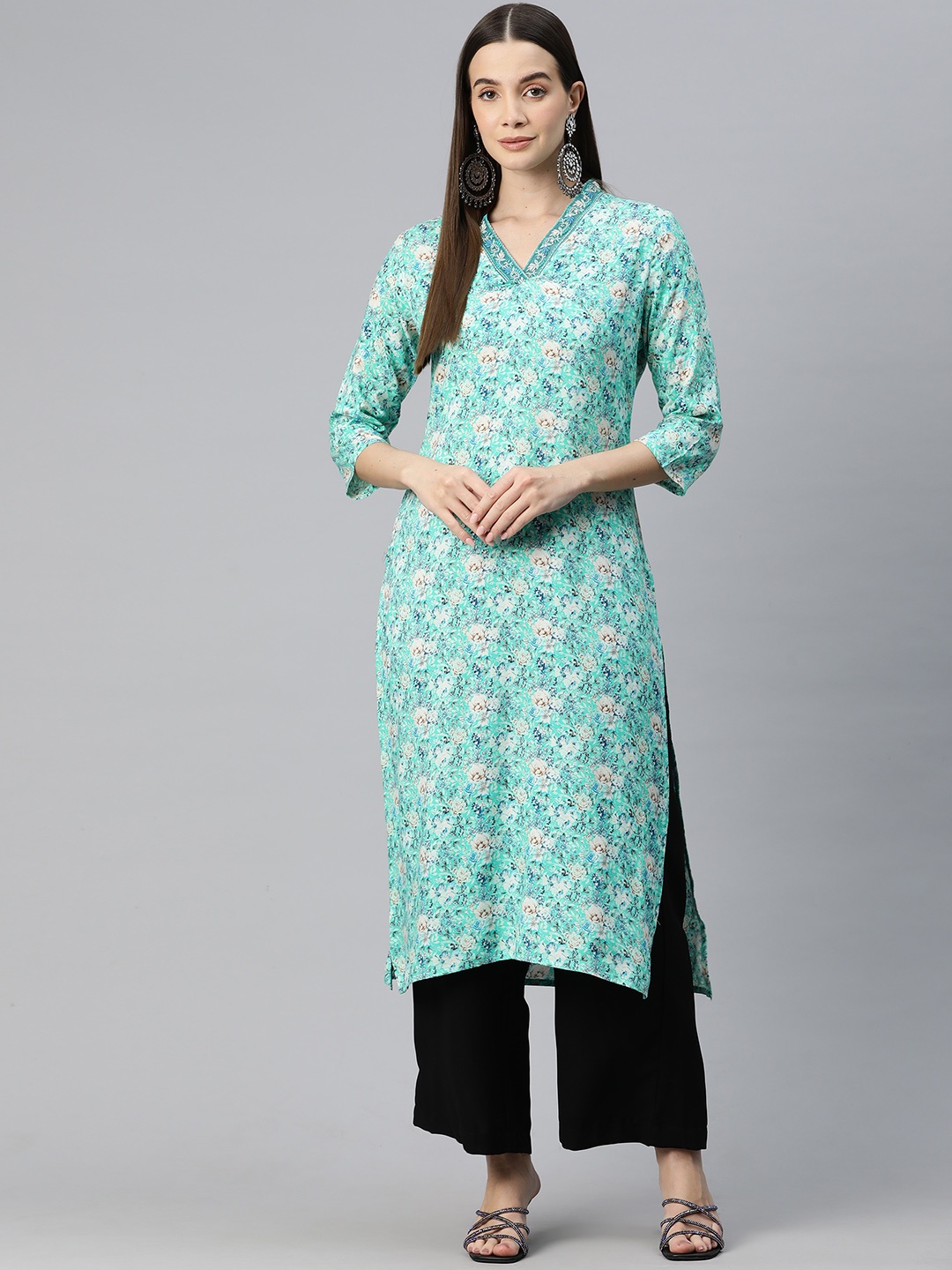 

Readiprint Fashions Floral Printed Thread Work Pure Silk Kurta, Turquoise blue