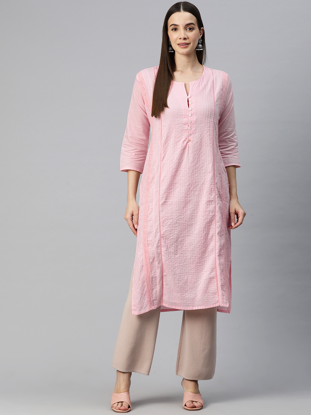 

Readiprint Women Solid Thread Work Kurta, Peach