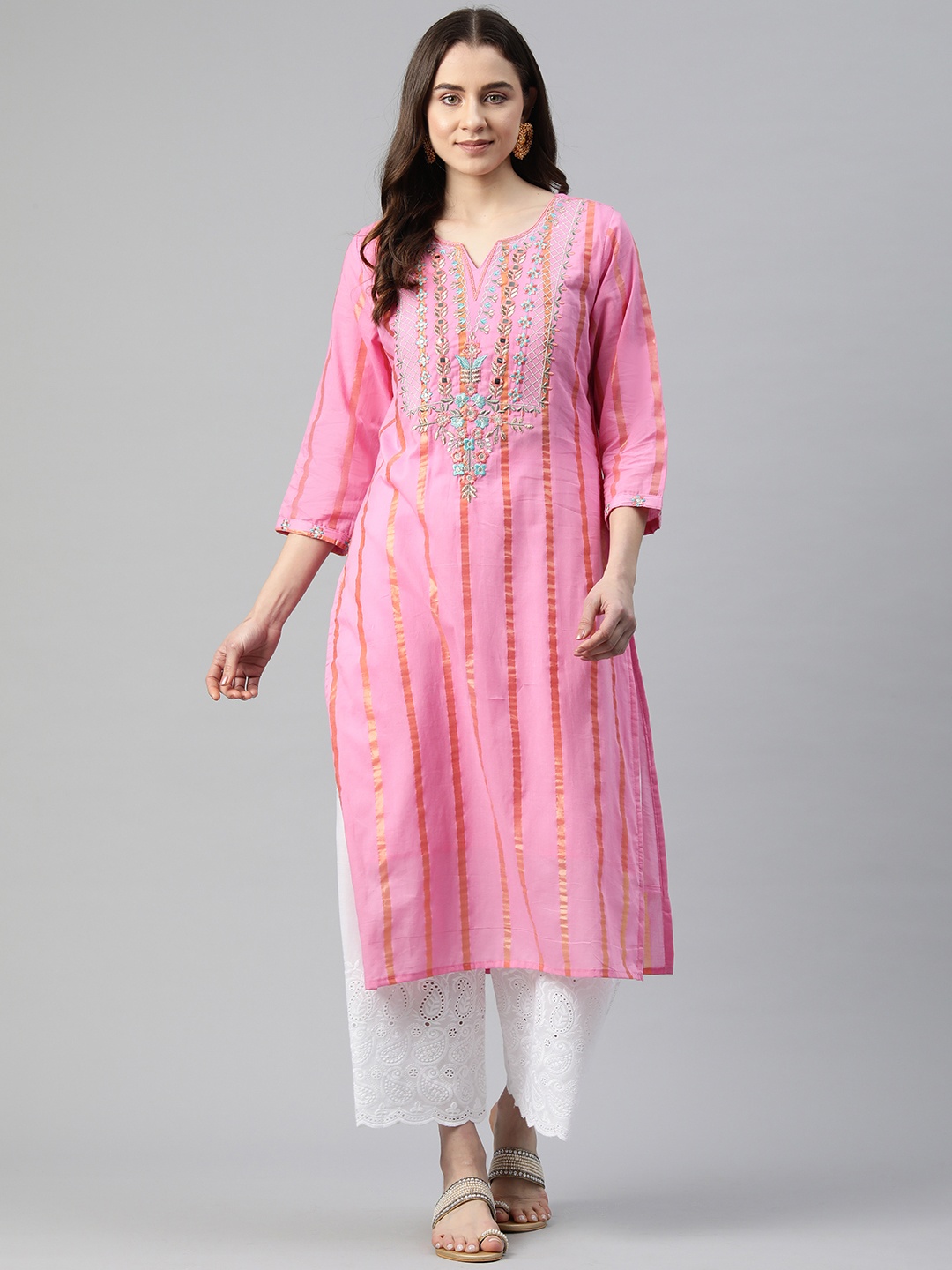 

Readiprint Striped Embroidered Thread Work Pure Cotton Kurta, Pink