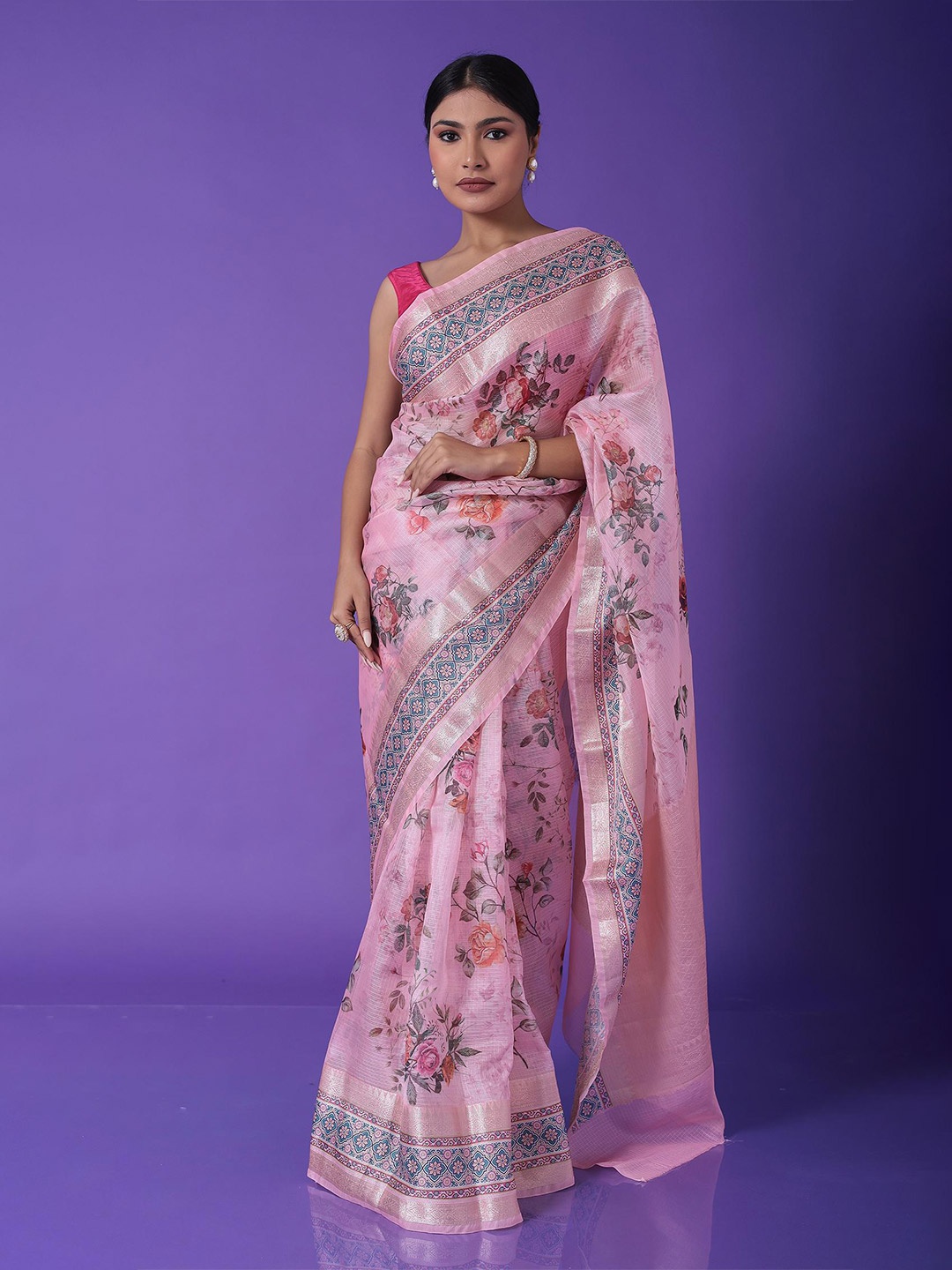 

ZARI Ethnic Motifs Zari Pure Cotton Kota Saree, Pink