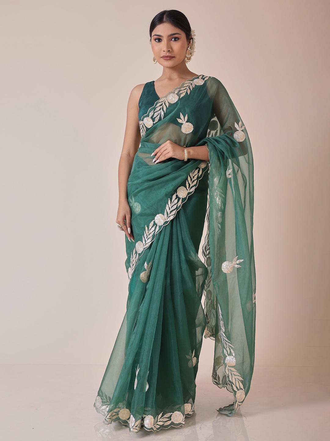 

ZARI Floral Embellished Gotta Patti Organza Saree, Green