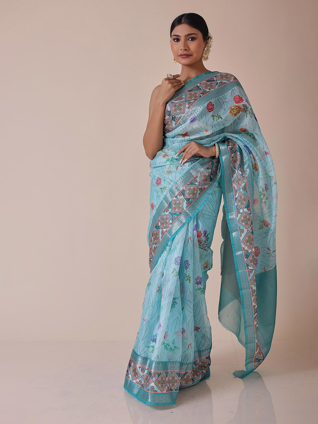 

ZARI Floral Zari Pure Cotton Kota Saree, Green