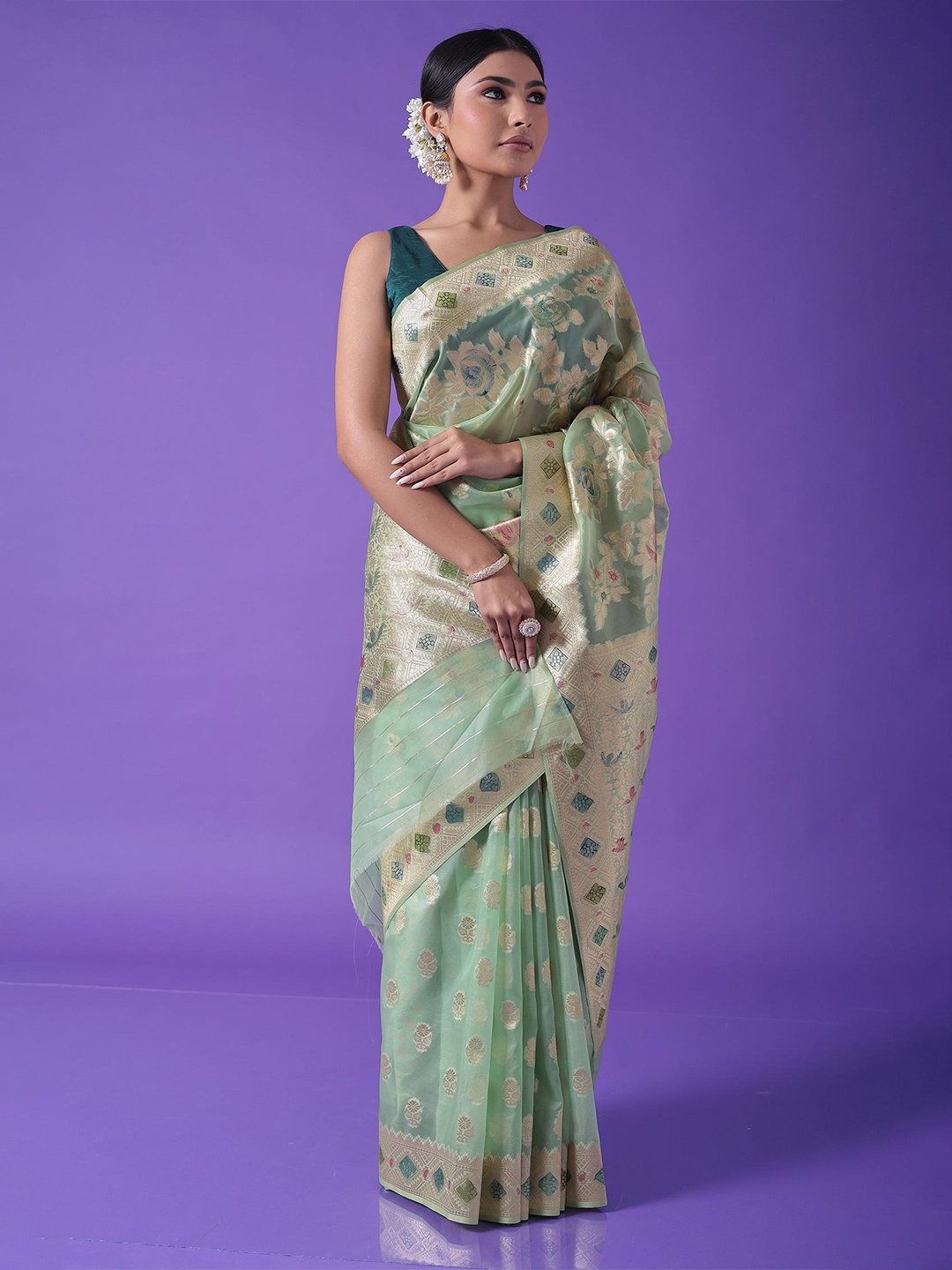 

ZARI Ethnic Motifs Woven Design Zari Brocade Banarasi Saree, Green