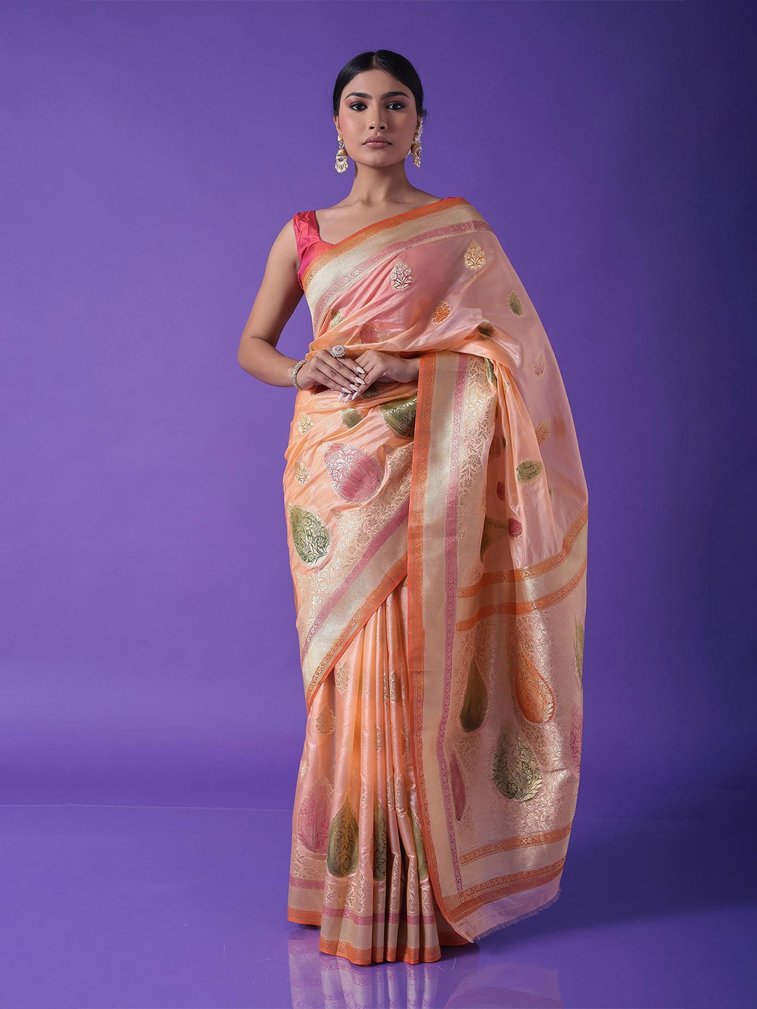 

ZARI Floral Woven Design Zari Brocade Banarasi Saree, Peach